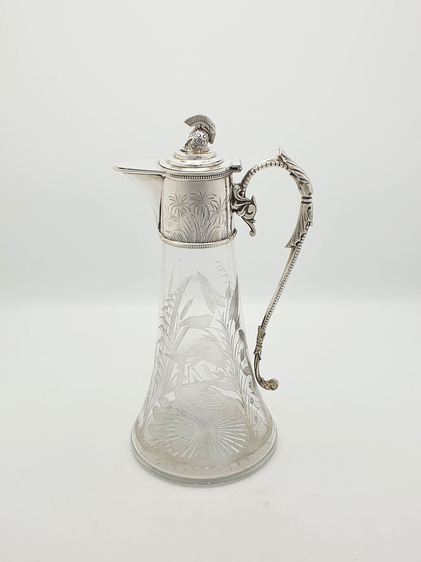 Splendid Grand Tour Etched Glass Claret Jug With Helmet Finial – circa 1870