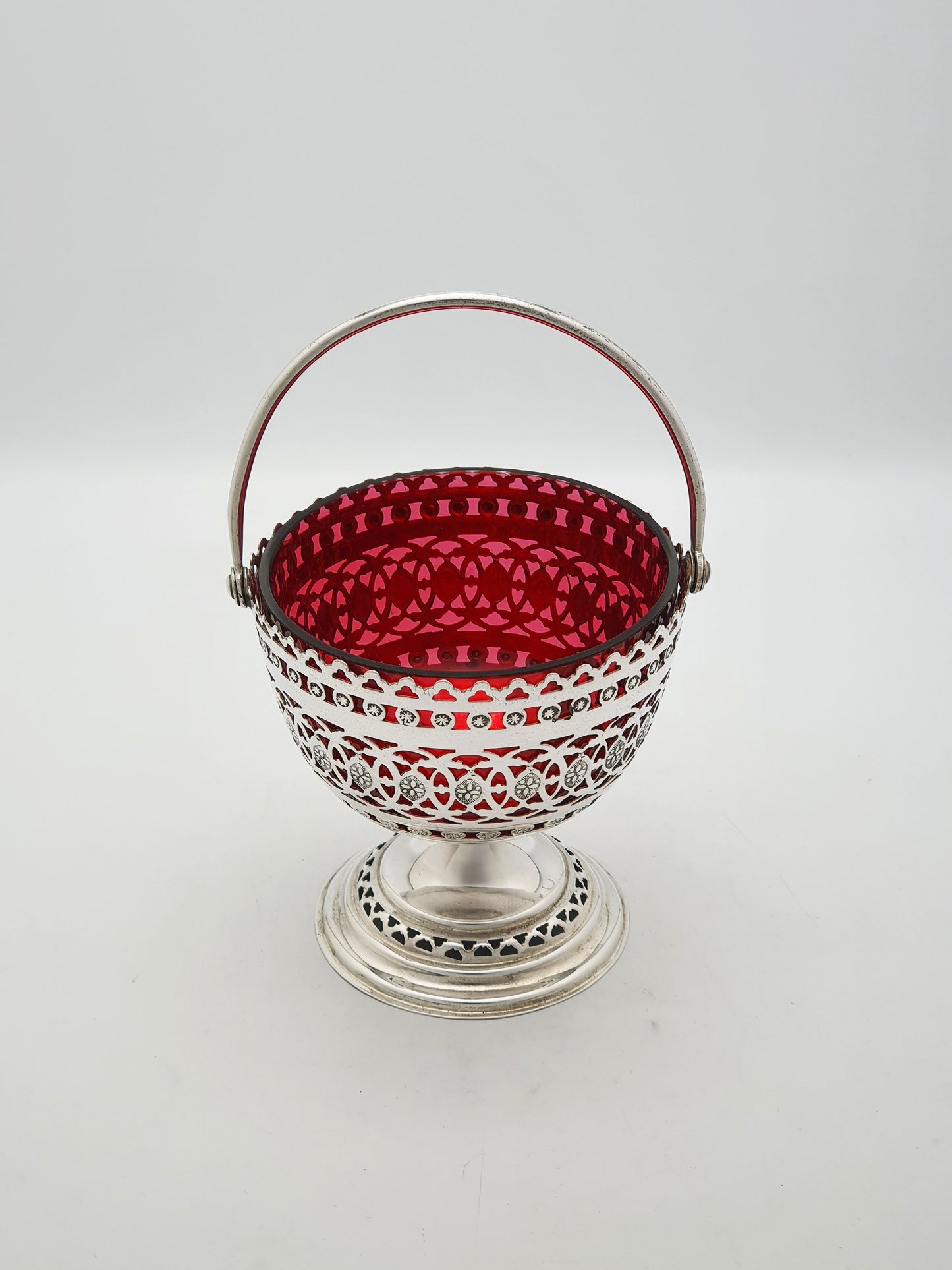 Antique Edwardian Silver Plated Pierced Basket With Ruby Glass Liner – circa 1905