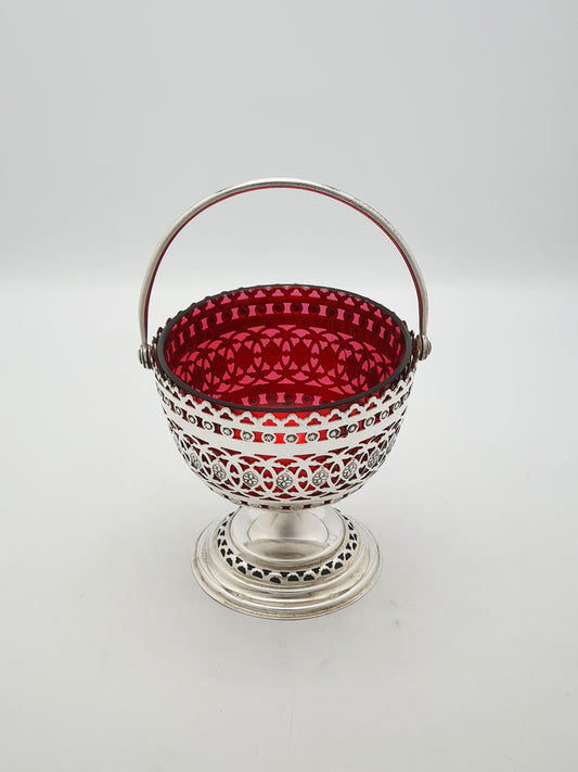 Antique Edwardian Silver Plated Pierced Basket With Ruby Glass Liner – circa 1905
