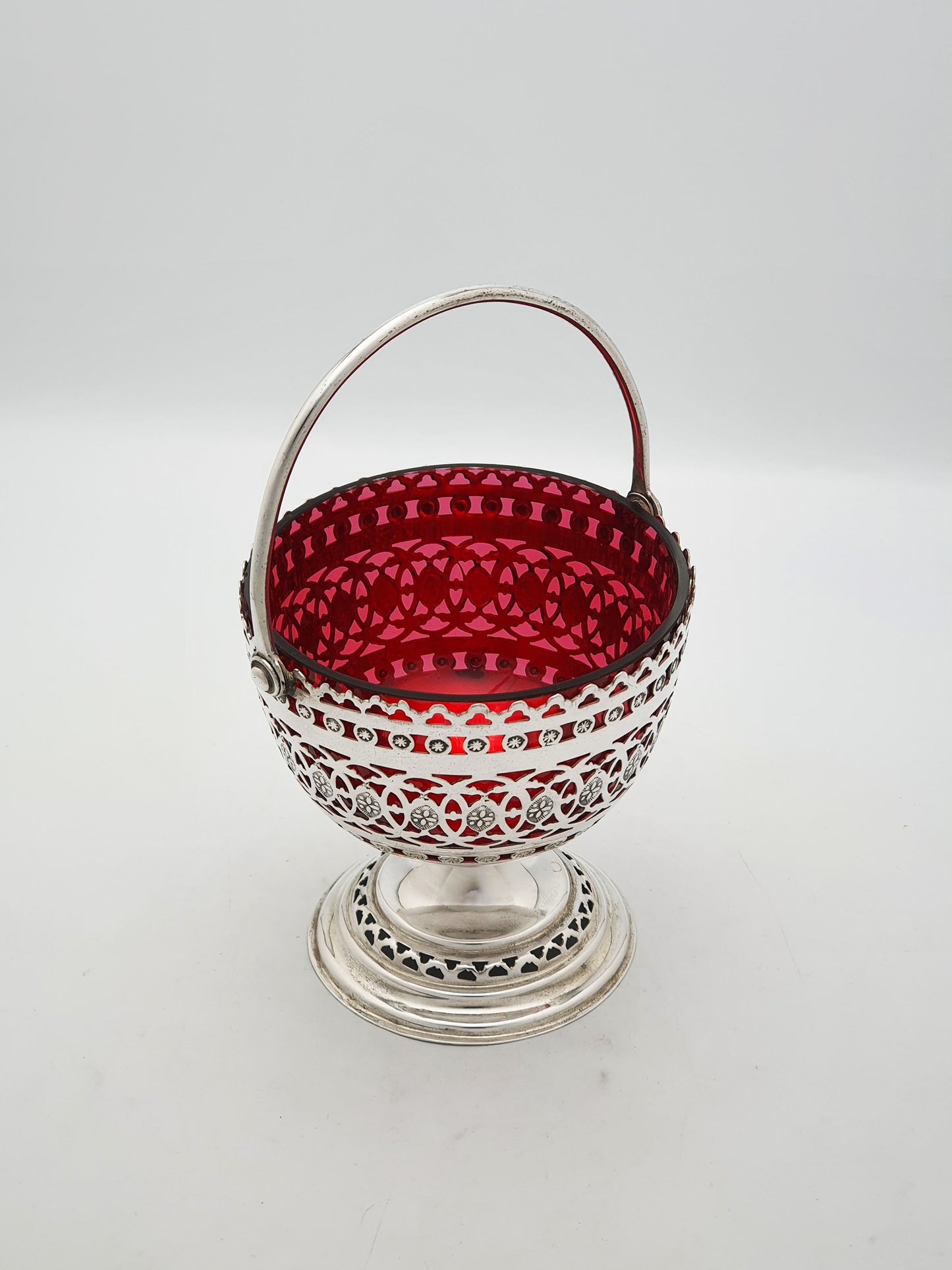 Antique Edwardian Silver Plated Pierced Basket With Ruby Glass Liner – circa 1905