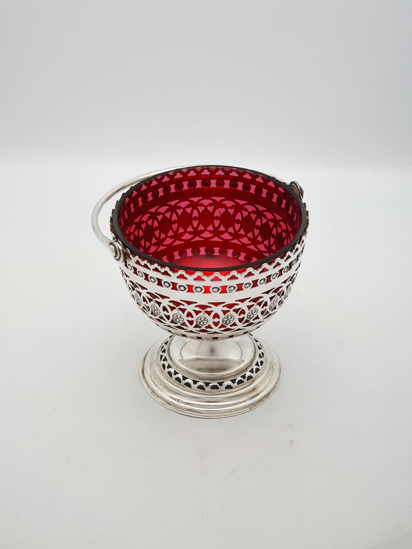 Antique Edwardian Silver Plated Pierced Basket With Ruby Glass Liner – circa 1905