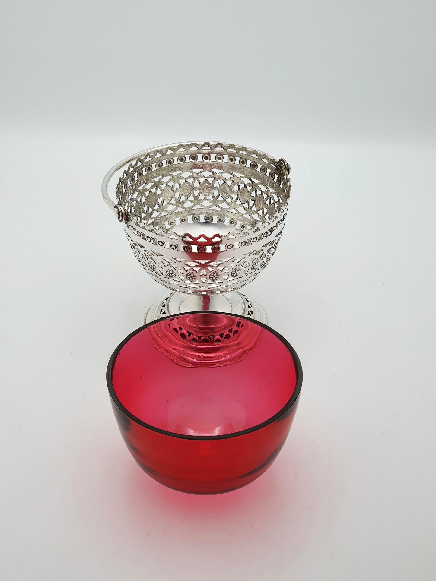 Antique Edwardian Silver Plated Pierced Basket With Ruby Glass Liner – circa 1905