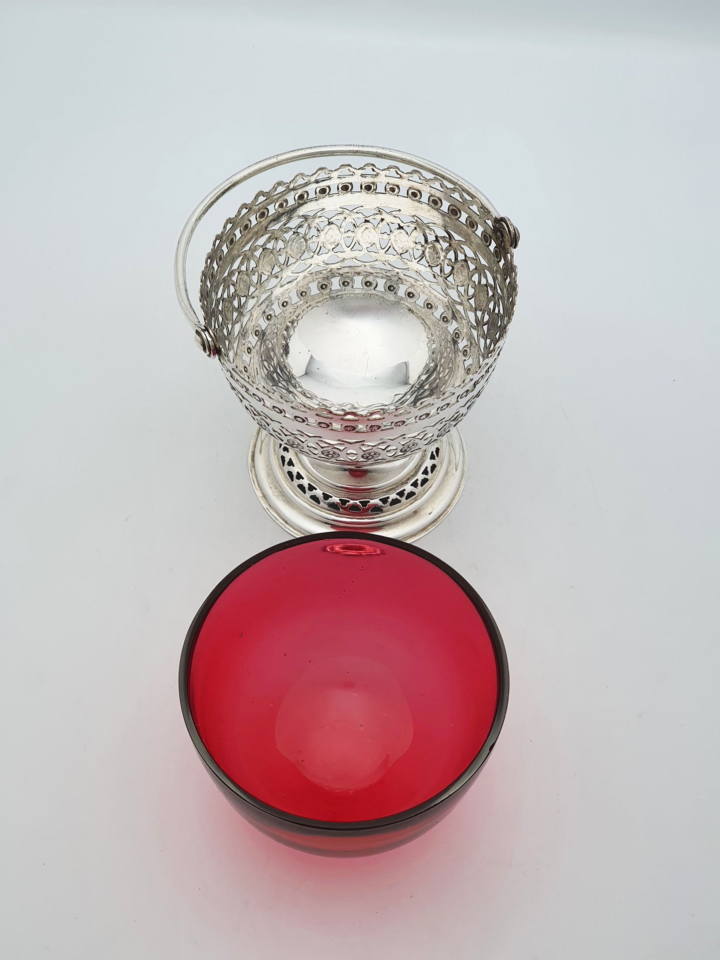 Antique Edwardian Silver Plated Pierced Basket With Ruby Glass Liner – circa 1905