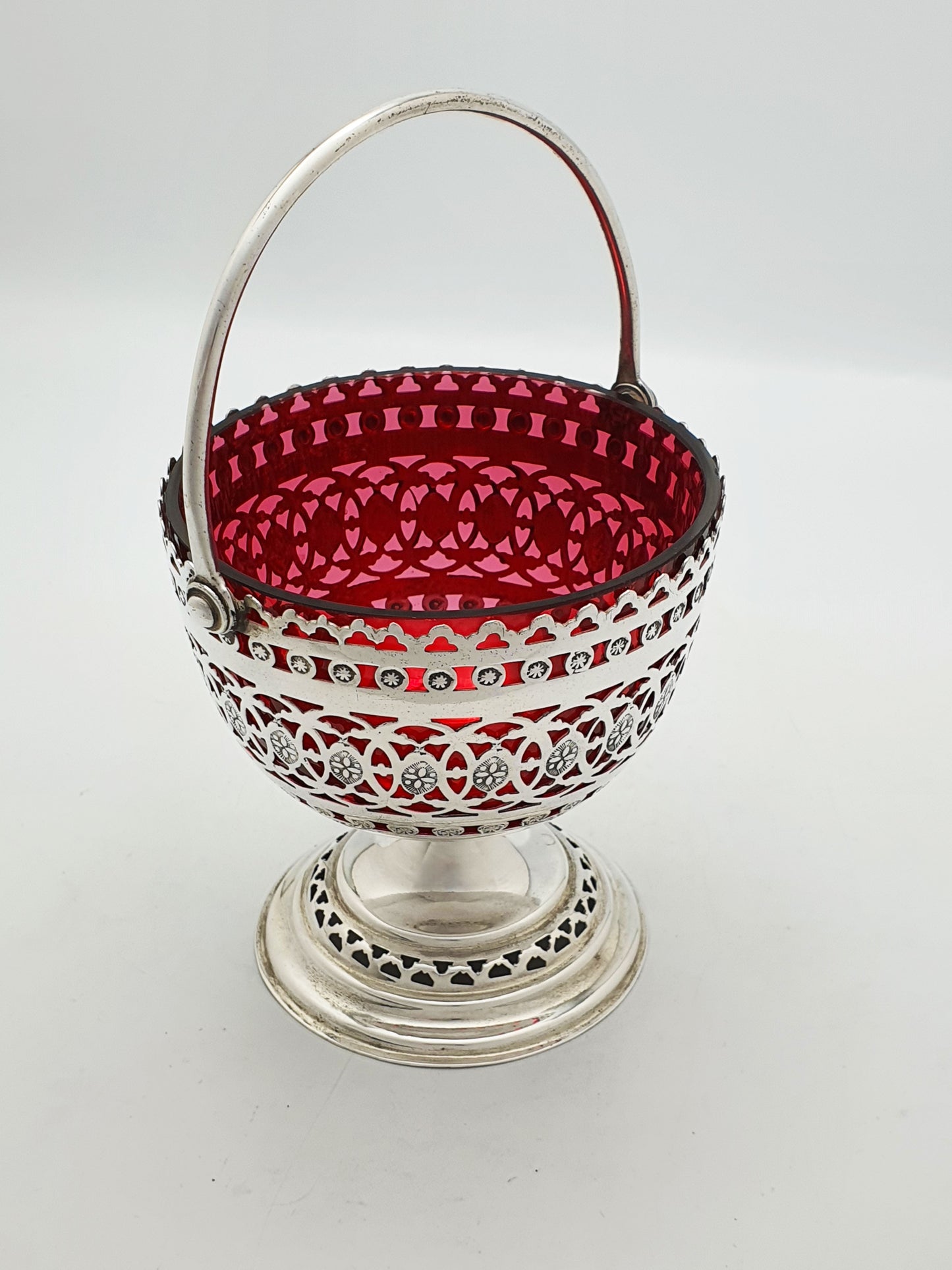 Antique Edwardian Silver Plated Pierced Basket With Ruby Glass Liner – circa 1905
