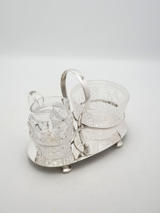 Antique Edwardian Silver Plated Stand With Cut Glass Bowl And Cream Jug – circa 1905