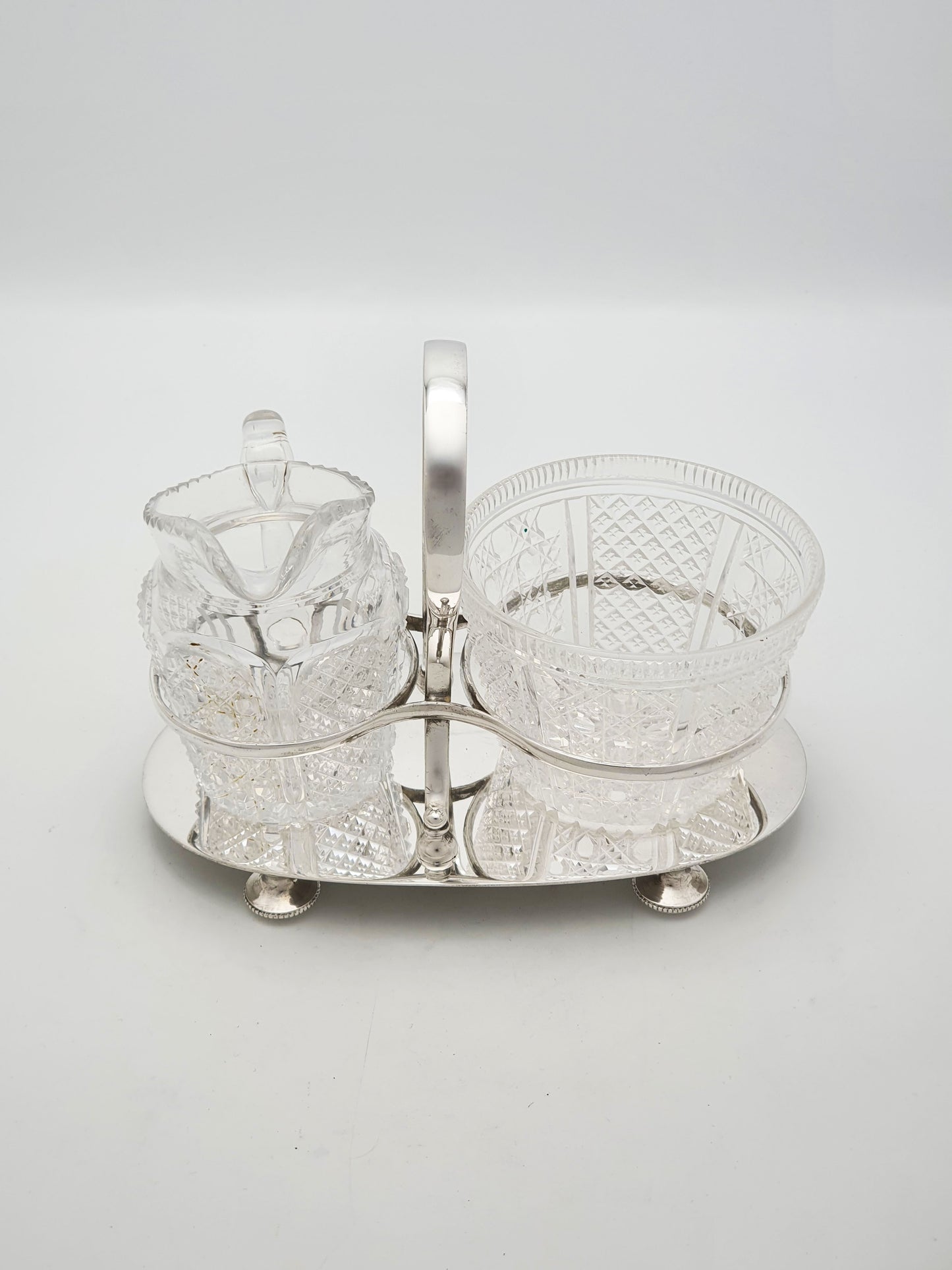 Antique Edwardian Silver Plated Stand With Cut Glass Bowl And Cream Jug – circa 1905