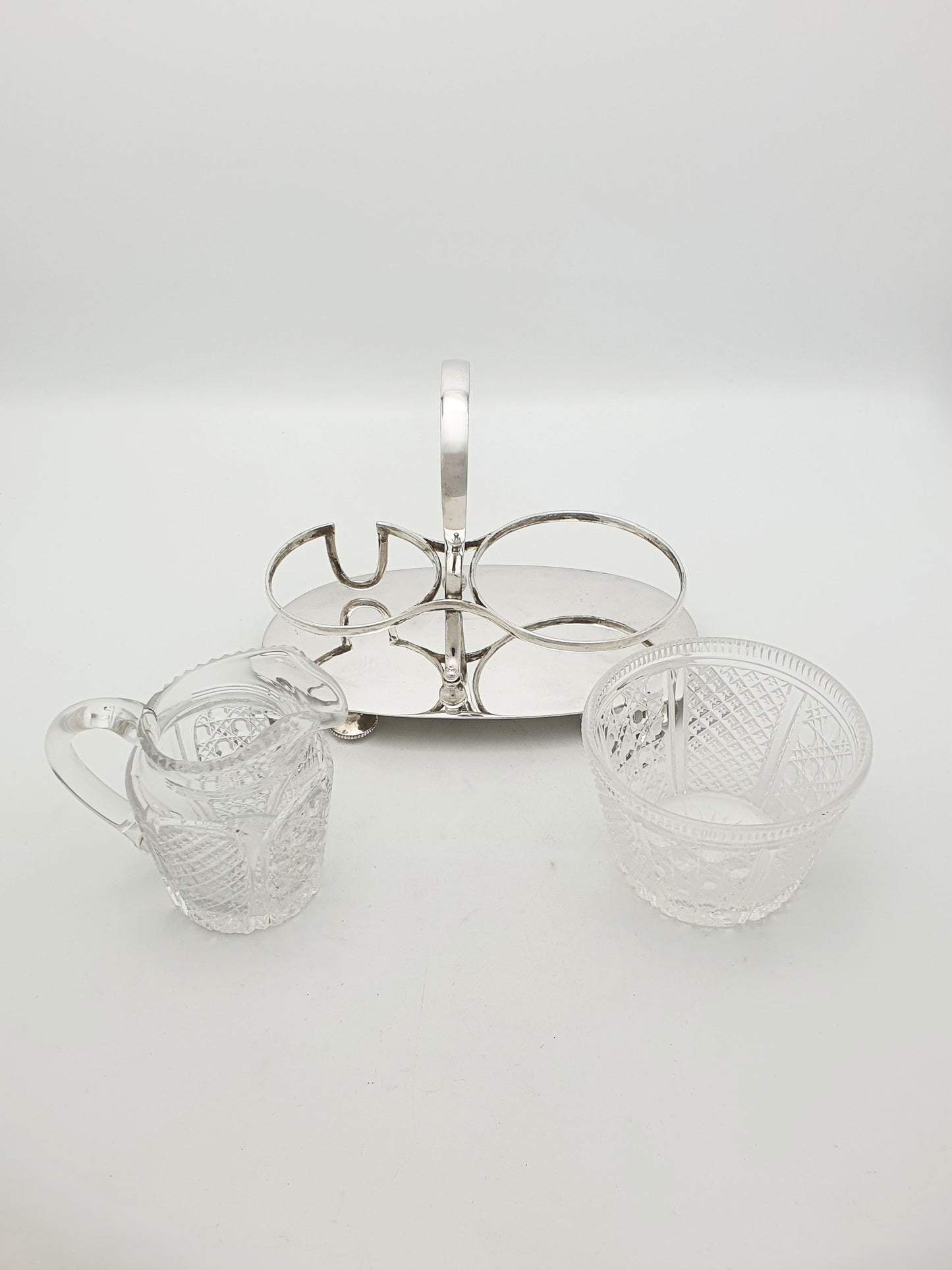 Antique Edwardian Silver Plated Stand With Cut Glass Bowl And Cream Jug – circa 1905