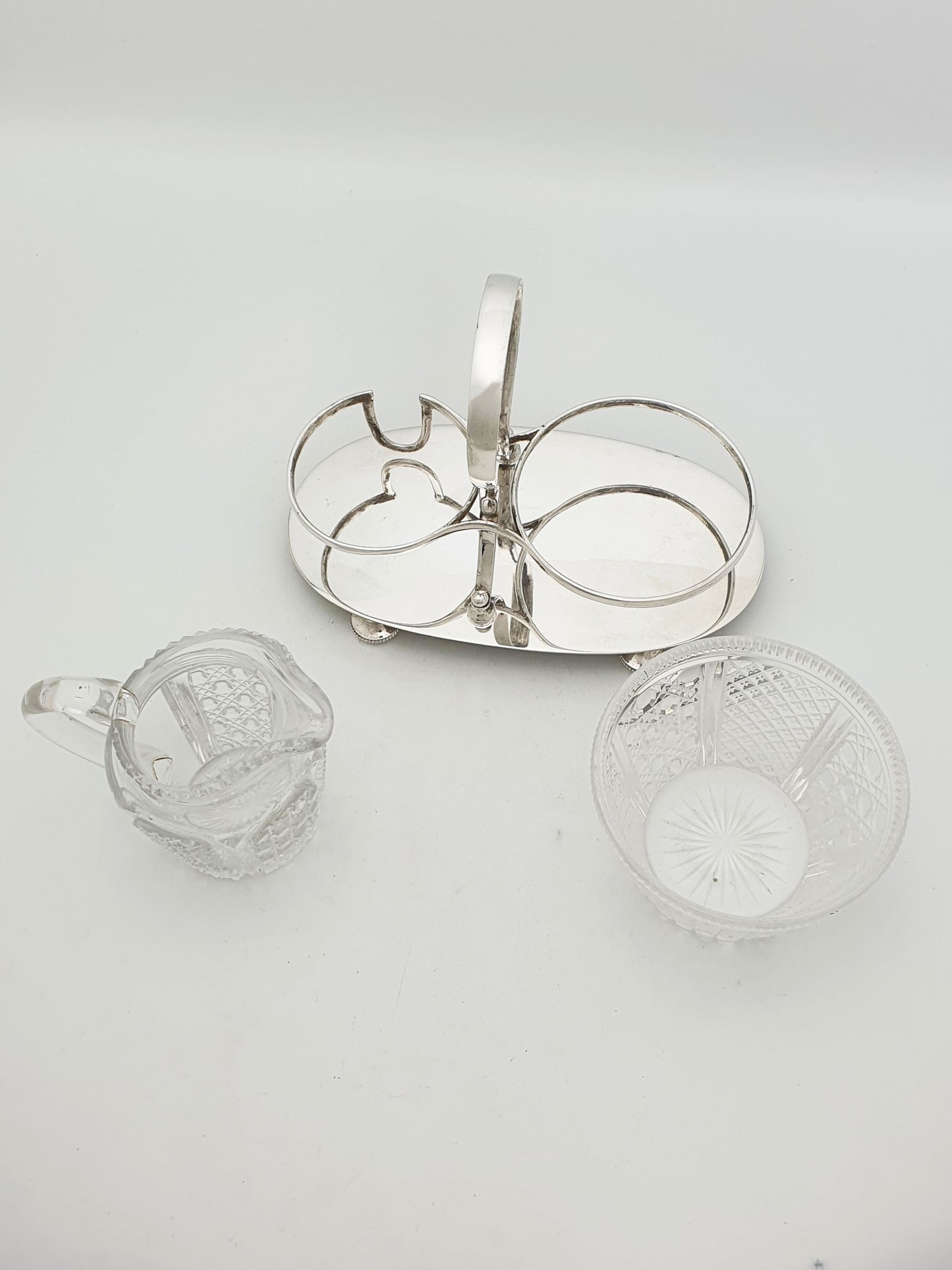 Antique Edwardian Silver Plated Stand With Cut Glass Bowl And Cream Jug – circa 1905