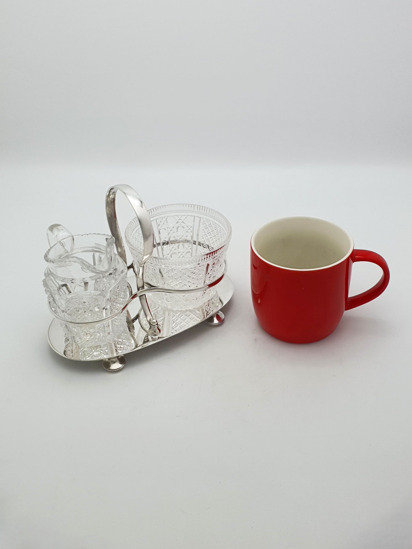 Antique Edwardian Silver Plated Stand With Cut Glass Bowl And Cream Jug – circa 1905