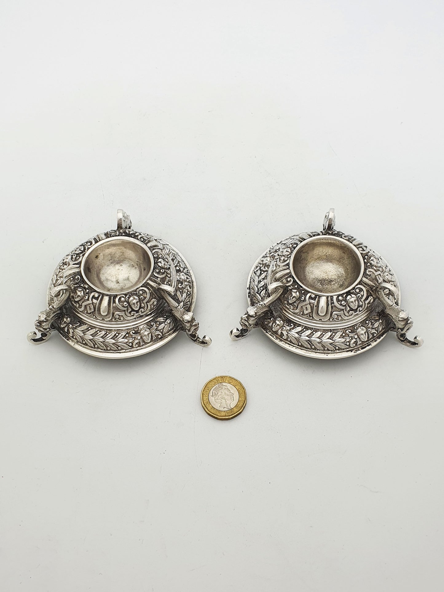 Striking Pair of Antique Victorian Sterling Silver Salt Cellars – London, 1870