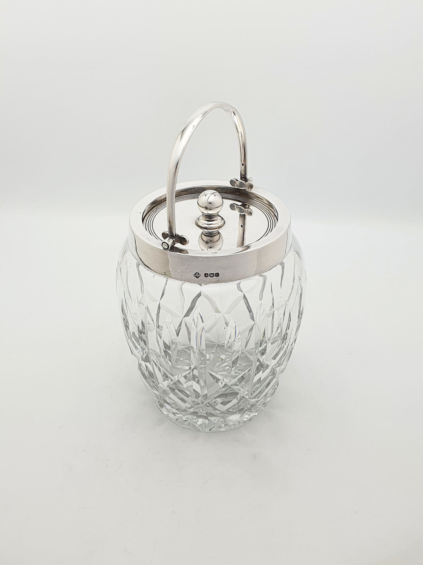 Unusual Vintage Sterling Silver Mounted Cut Glass Biscuit Barrel - 1971