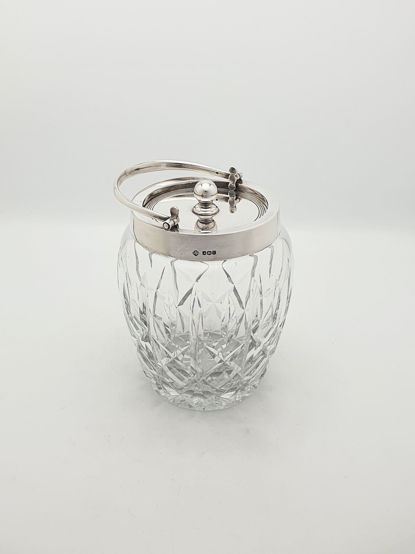 Unusual Vintage Sterling Silver Mounted Cut Glass Biscuit Barrel - 1971