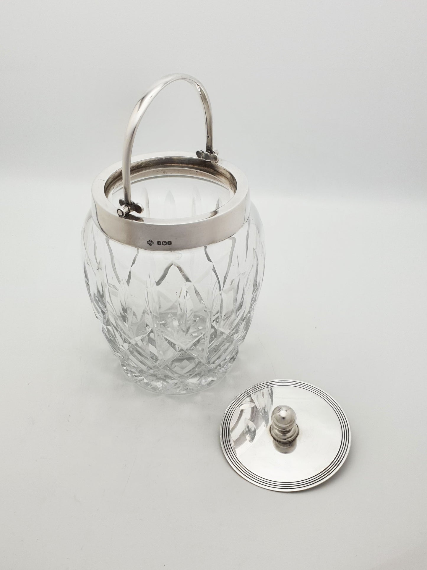 Unusual Vintage Sterling Silver Mounted Cut Glass Biscuit Barrel - 1971