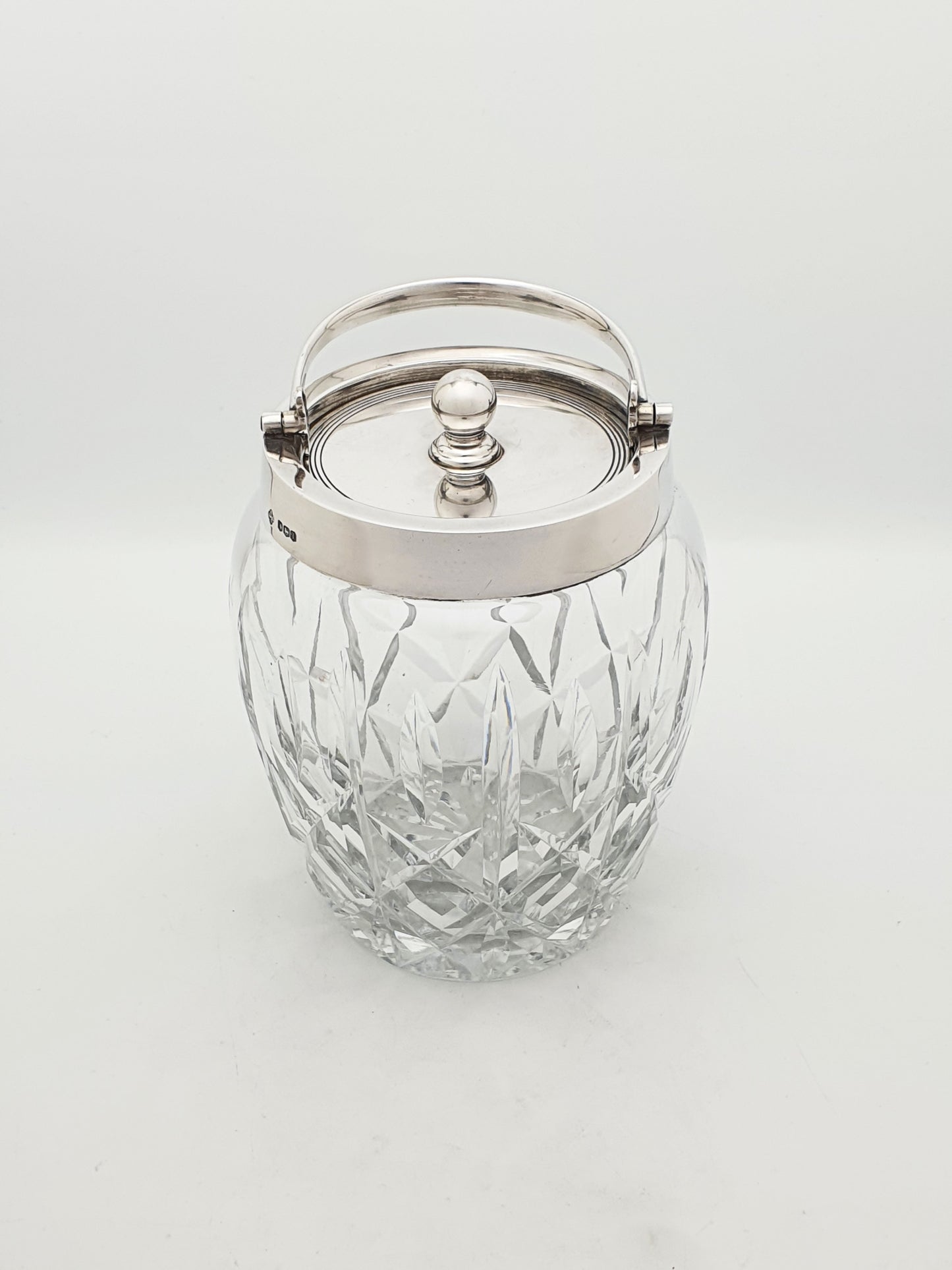 Unusual Vintage Sterling Silver Mounted Cut Glass Biscuit Barrel - 1971
