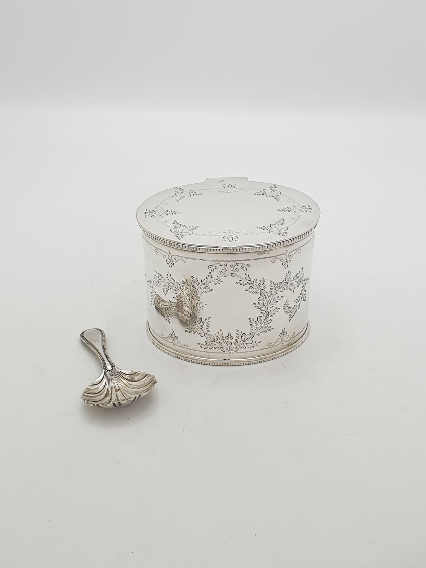 Antique Edwardian Silver Plated Engraved Tea Caddy With Shell Spoon – circa 1905