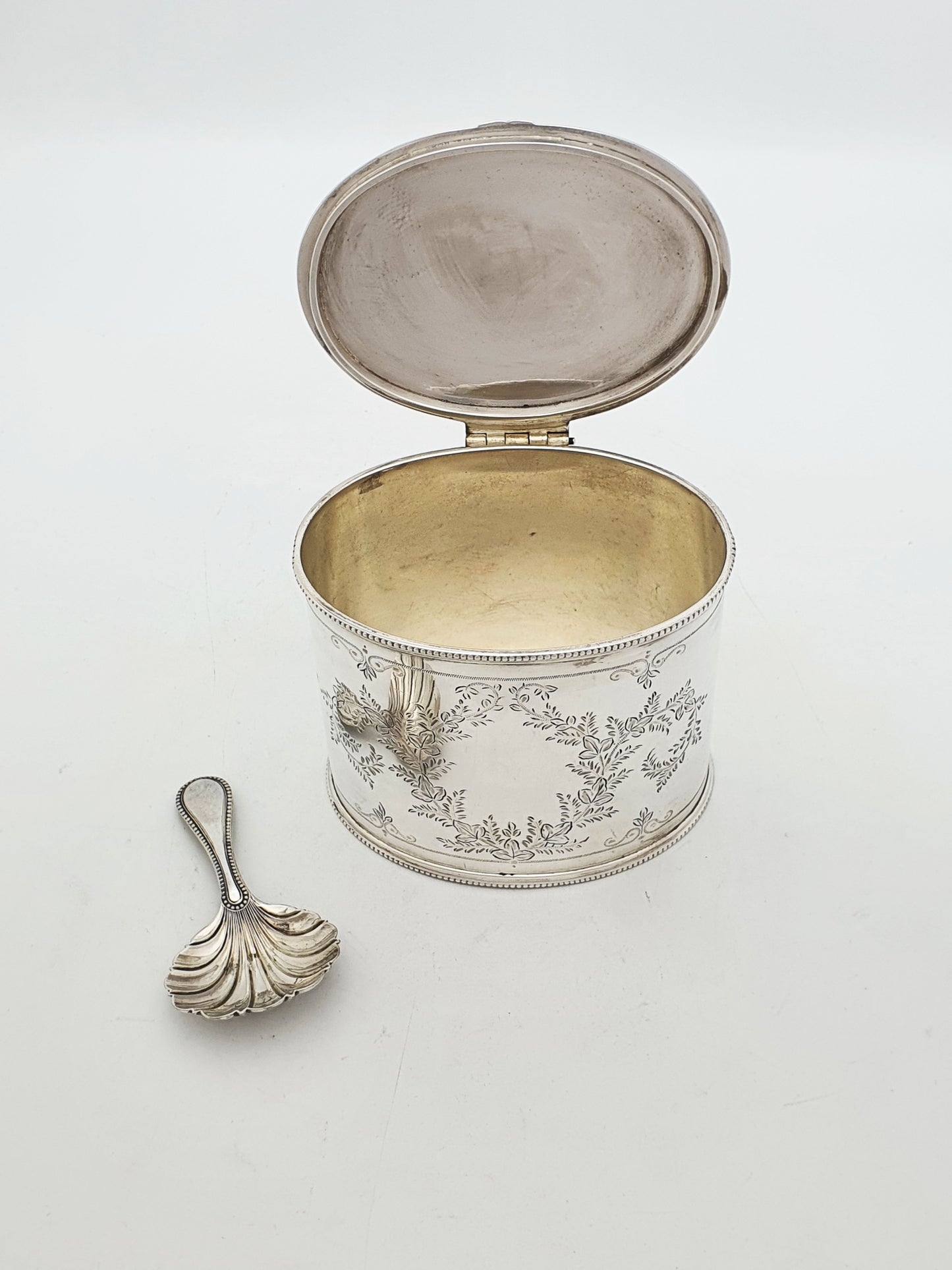 Antique Edwardian Silver Plated Engraved Tea Caddy With Shell Spoon – circa 1905