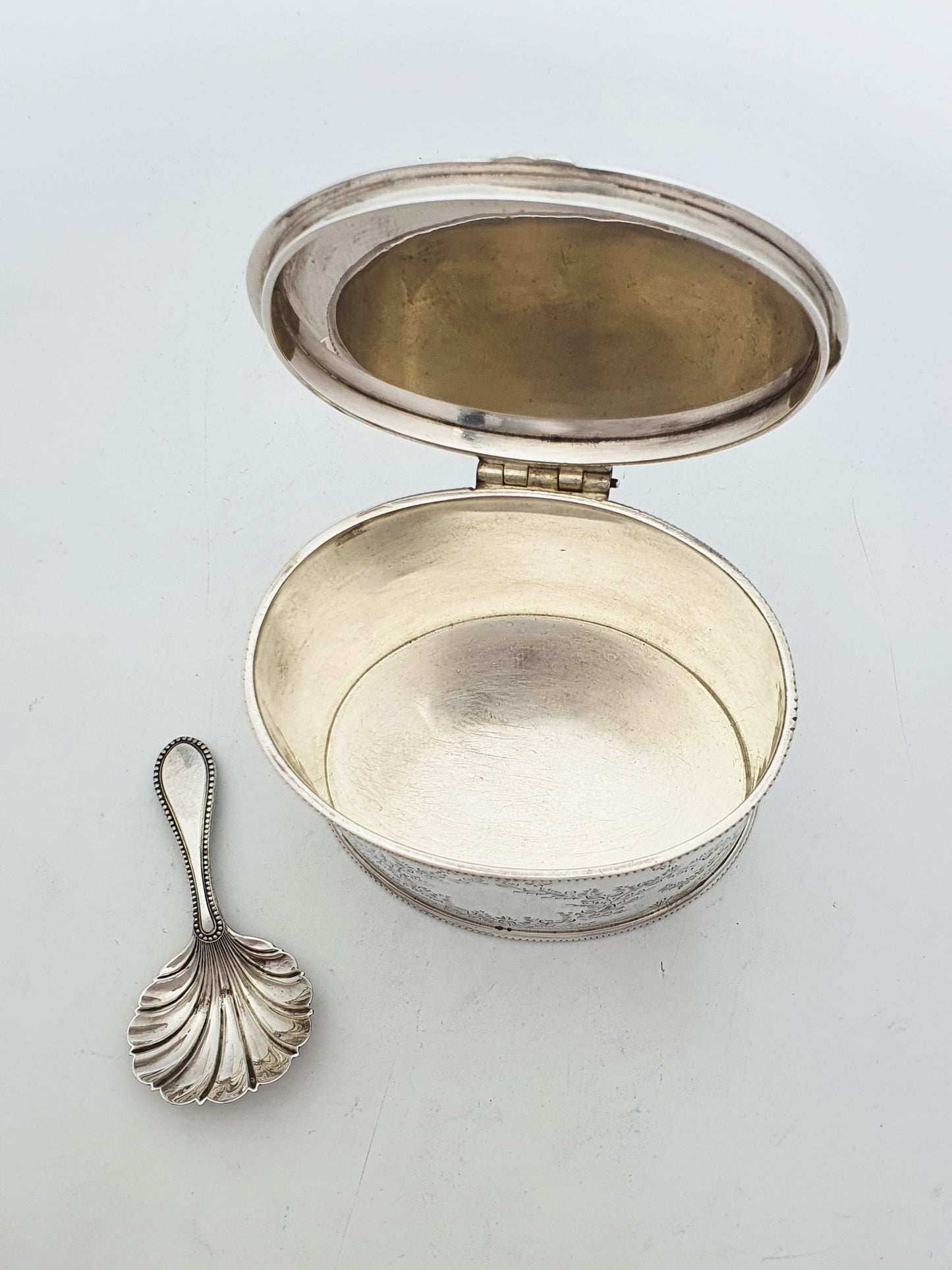 Antique Edwardian Silver Plated Engraved Tea Caddy With Shell Spoon – circa 1905