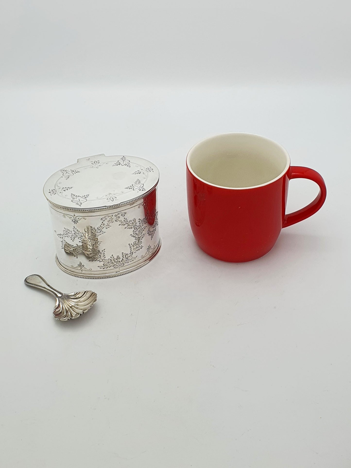 Antique Edwardian Silver Plated Engraved Tea Caddy With Shell Spoon – circa 1905