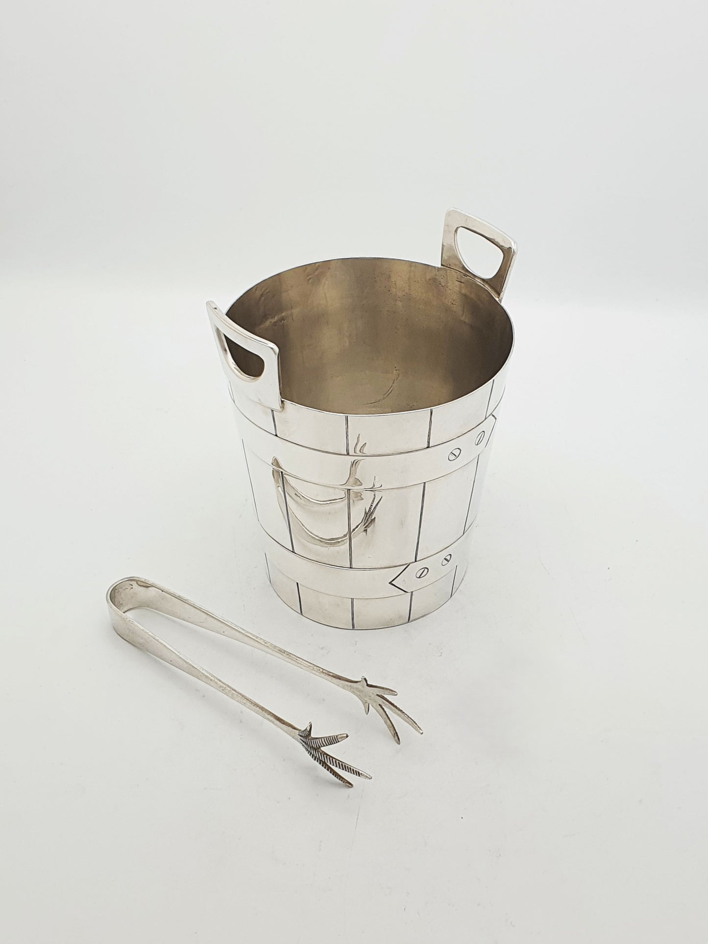 Lovely Antique Silver Plated Ice Bucket ‘Barrel’ With Claw Tongs – circa 1905