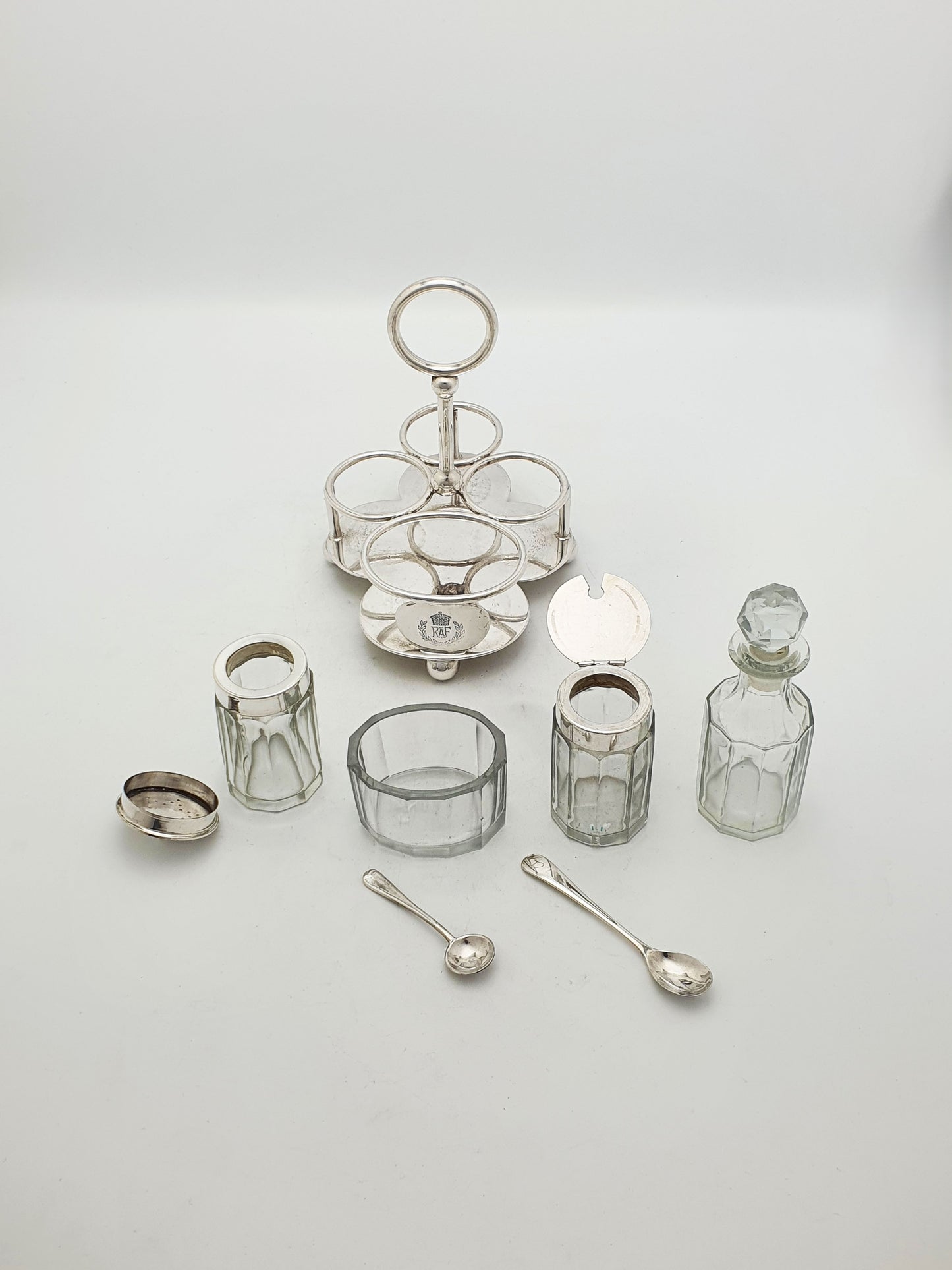 RAF Silver Plated Cruet Set With Glass Bottles By Walker & Hall – circa 1930