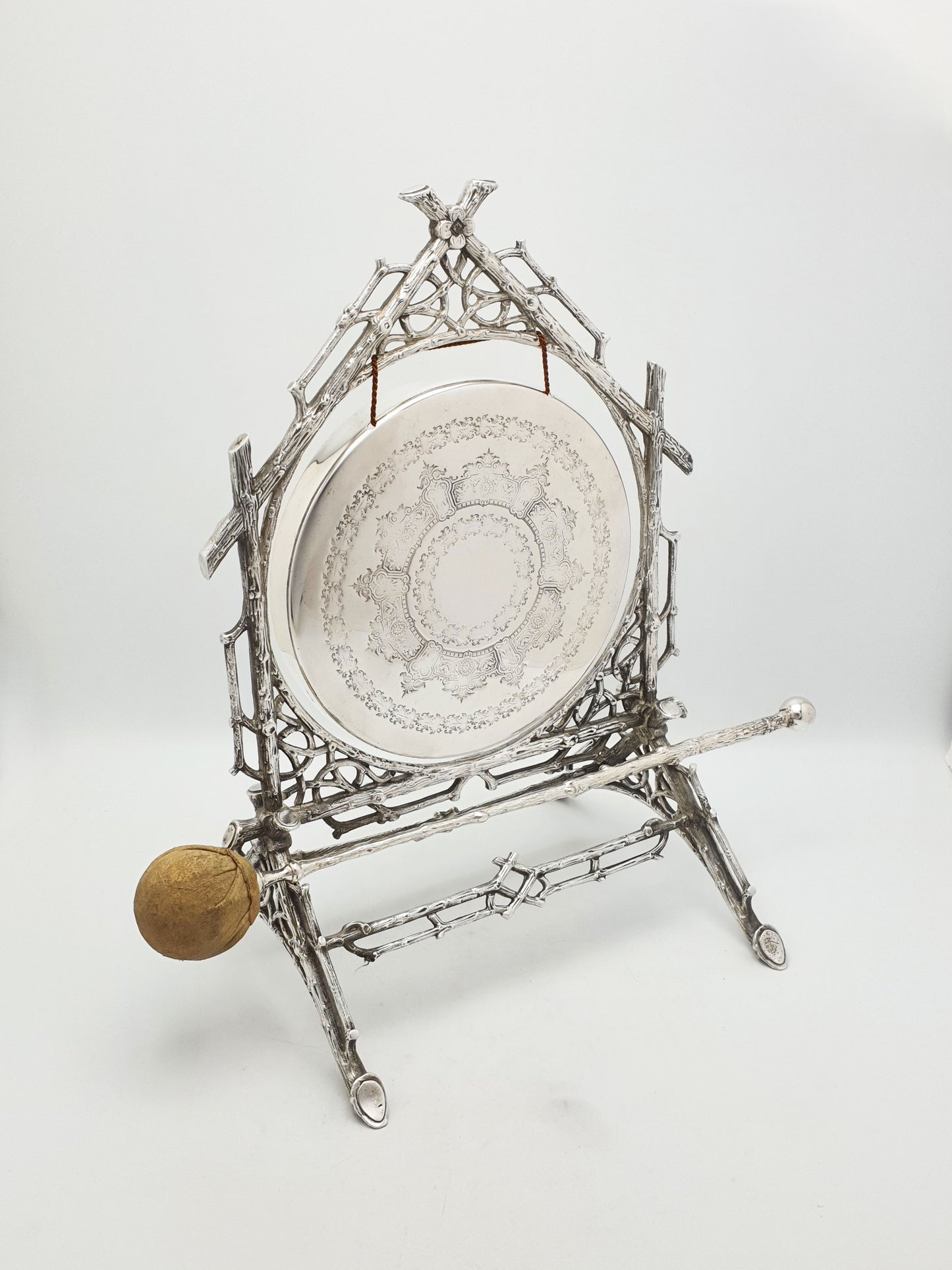 Splendid Antique Victorian Dinner Gong With Rustic Branch Frame – circa 1880