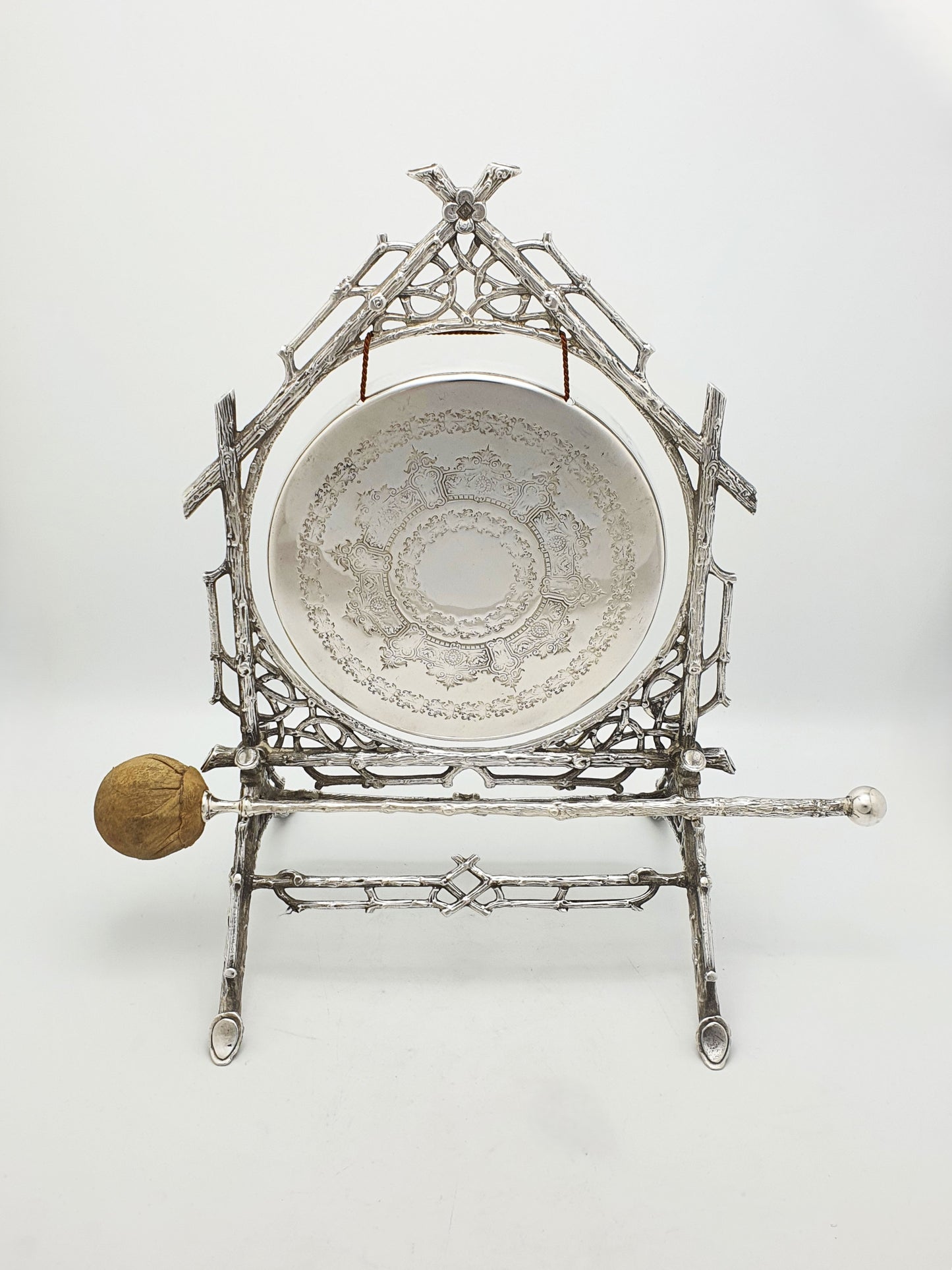 Splendid Antique Victorian Dinner Gong With Rustic Branch Frame – circa 1880