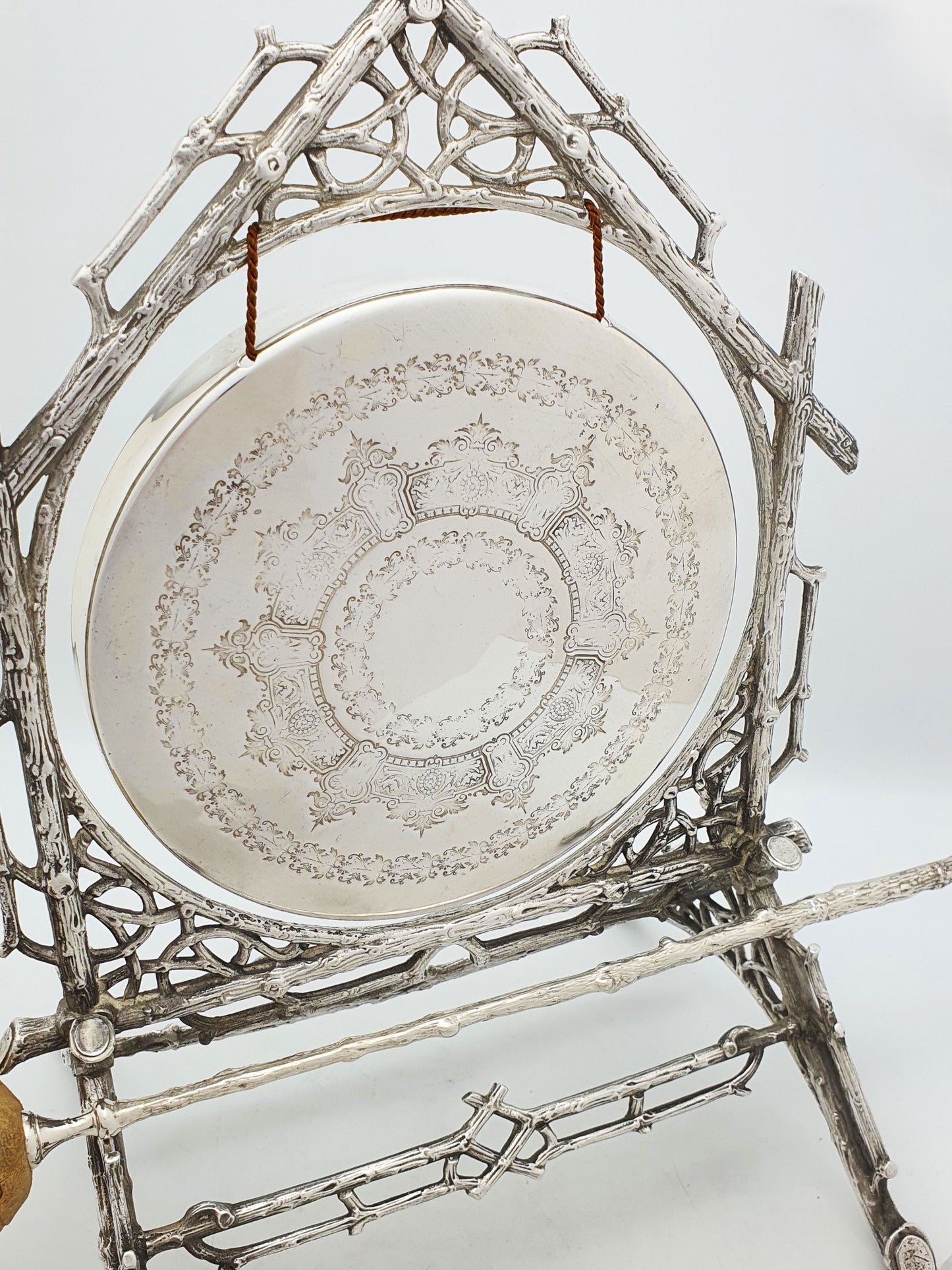 Splendid Antique Victorian Dinner Gong With Rustic Branch Frame – circa 1880
