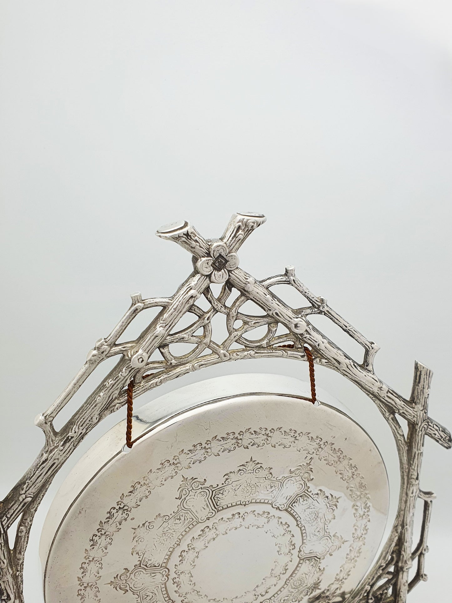 Splendid Antique Victorian Dinner Gong With Rustic Branch Frame – circa 1880