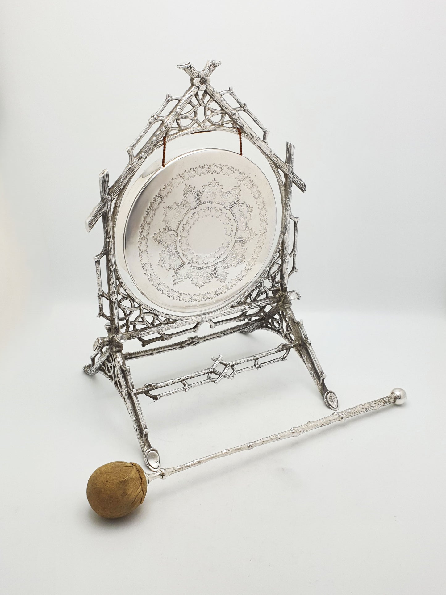 Splendid Antique Victorian Dinner Gong With Rustic Branch Frame – circa 1880