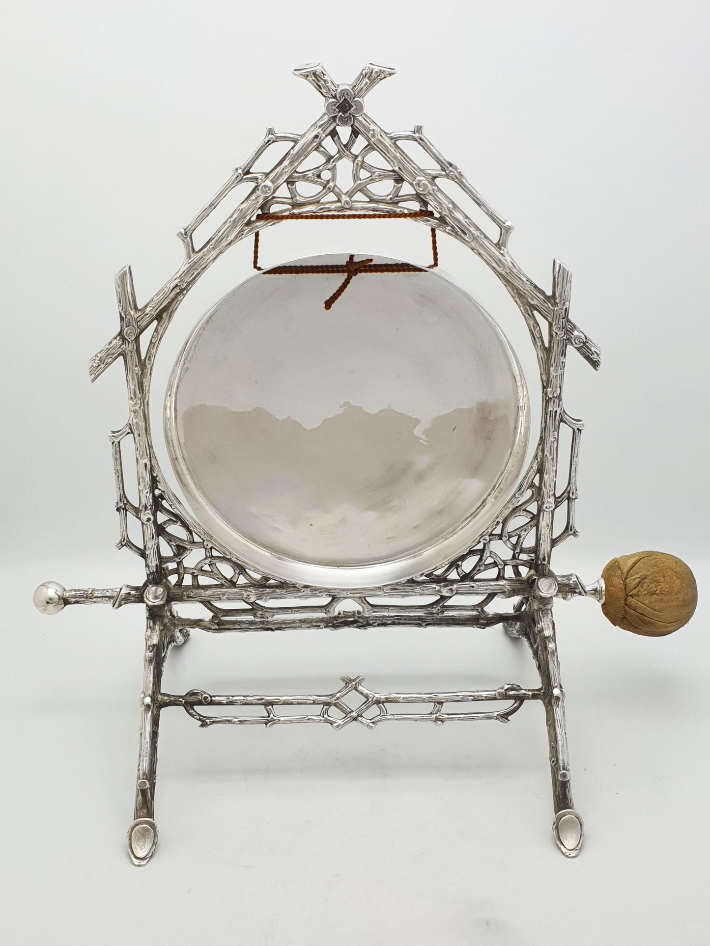Splendid Antique Victorian Dinner Gong With Rustic Branch Frame – circa 1880