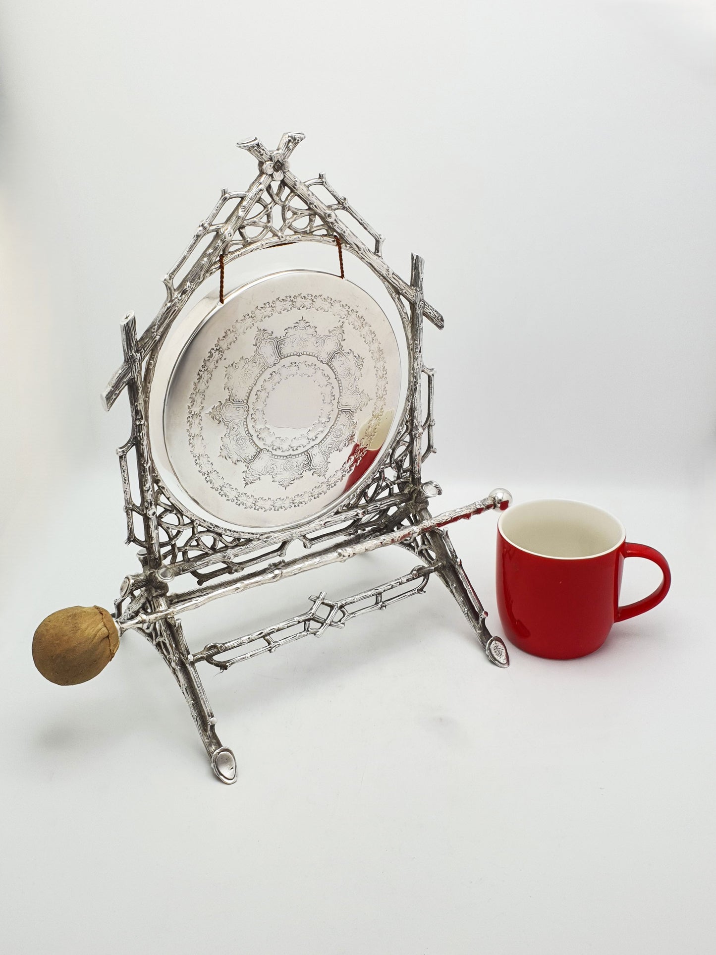 Splendid Antique Victorian Dinner Gong With Rustic Branch Frame – circa 1880