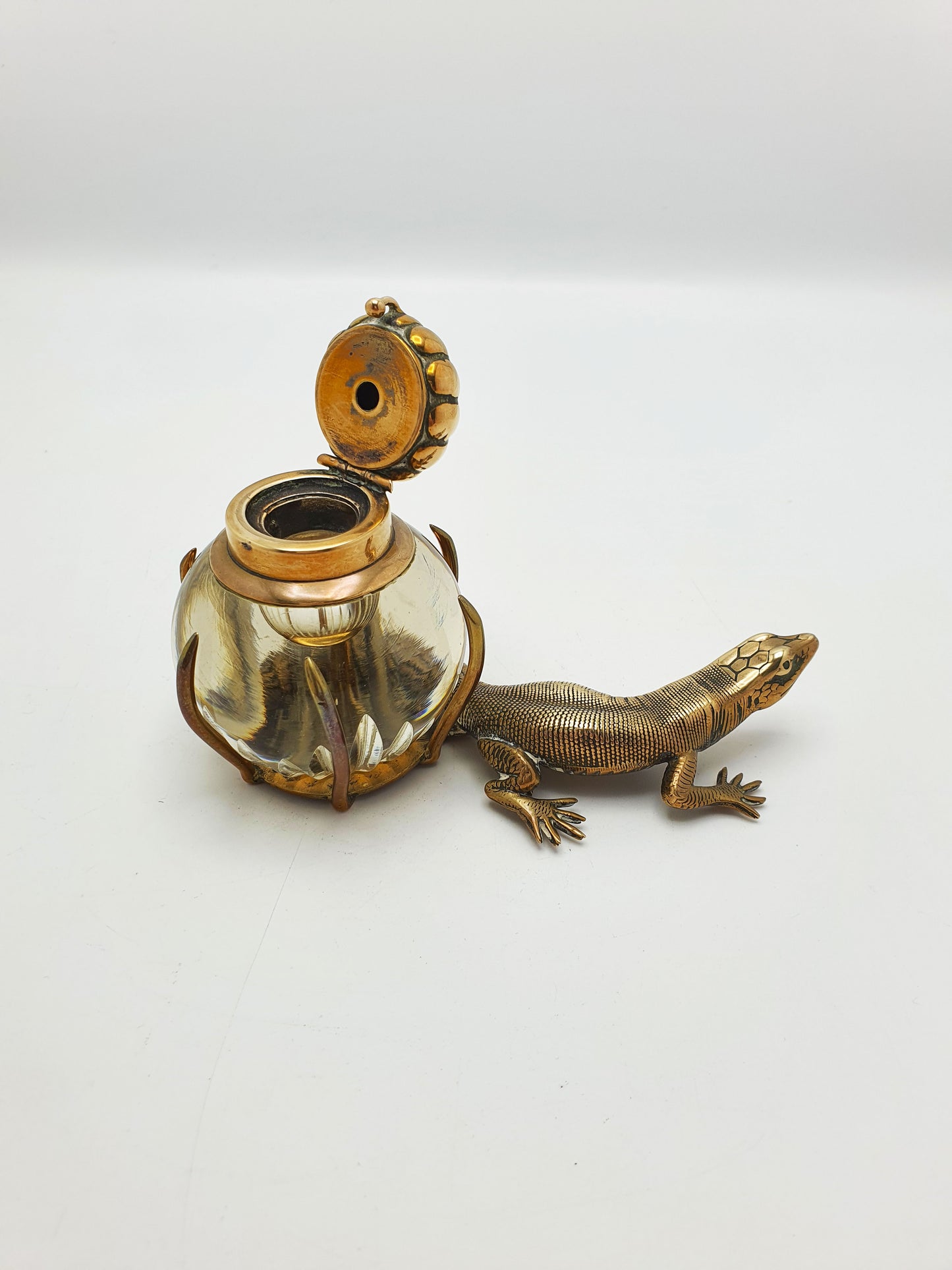 Fabulous Antique Victorian Brass and Glass Lizard Inkstand – circa 1880