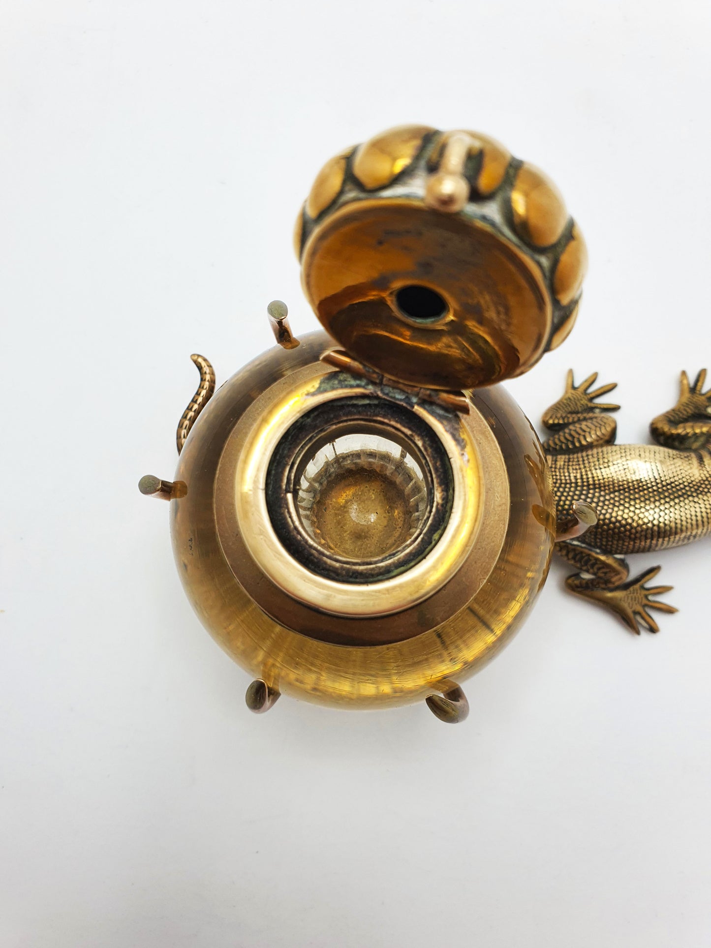 Fabulous Antique Victorian Brass and Glass Lizard Inkstand – circa 1880
