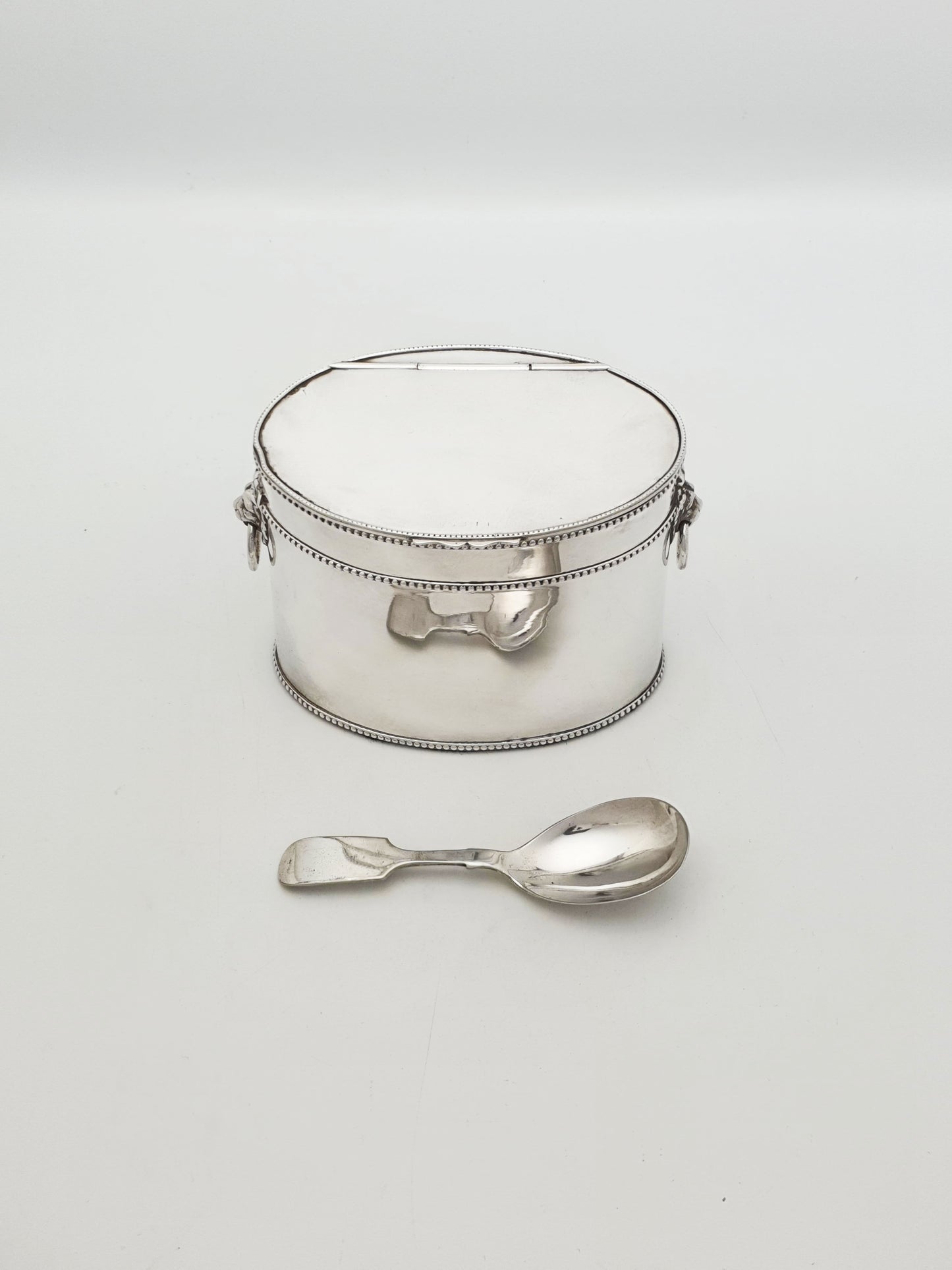 Antique Edwardian Tea Caddy With Lion Mask Handles And Spoon – circa 1905