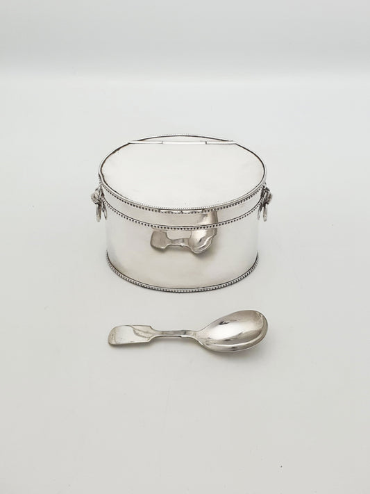 Antique Edwardian Tea Caddy With Lion Mask Handles And Spoon – circa 1905