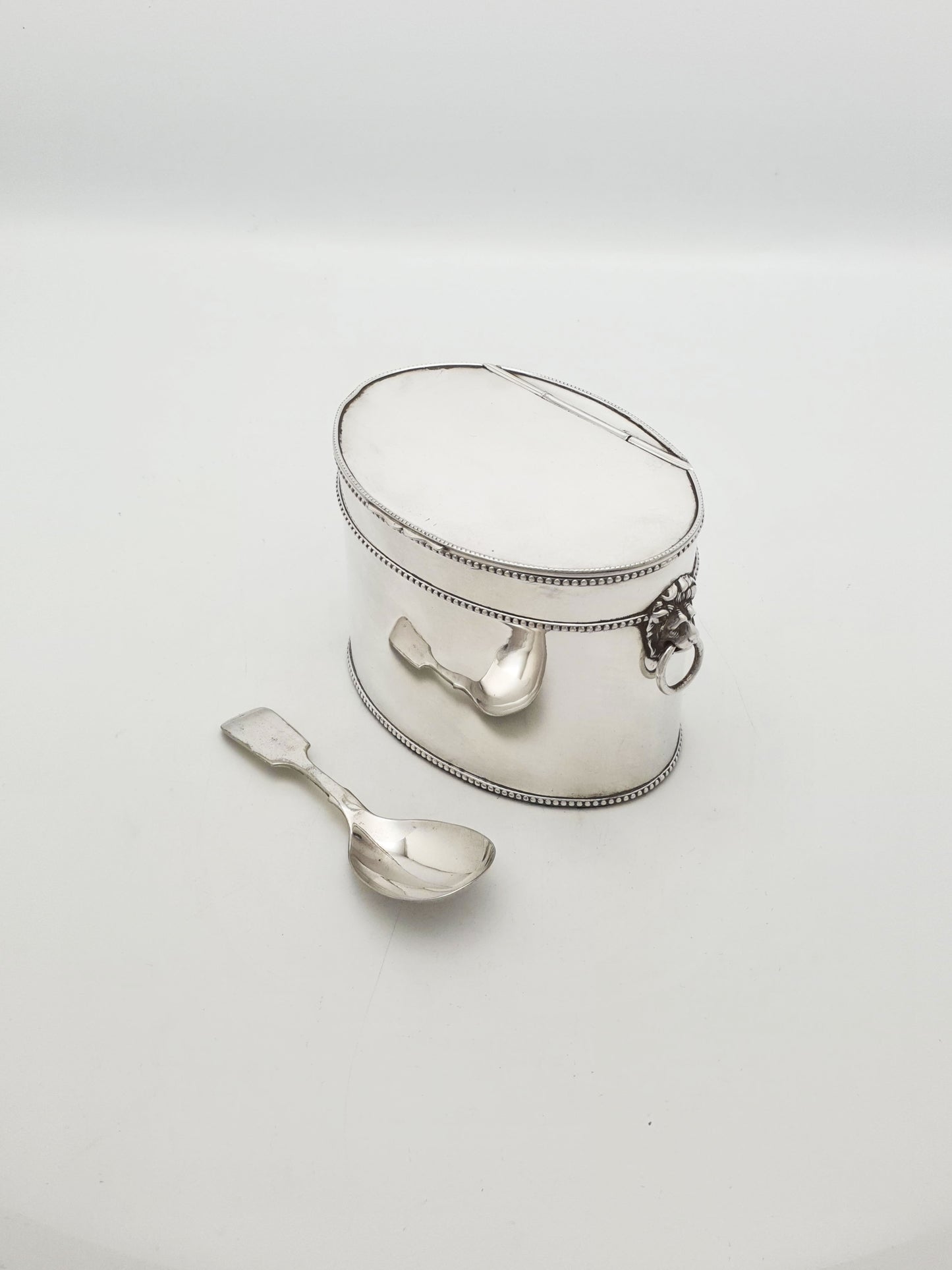 Antique Edwardian Tea Caddy With Lion Mask Handles And Spoon – circa 1905