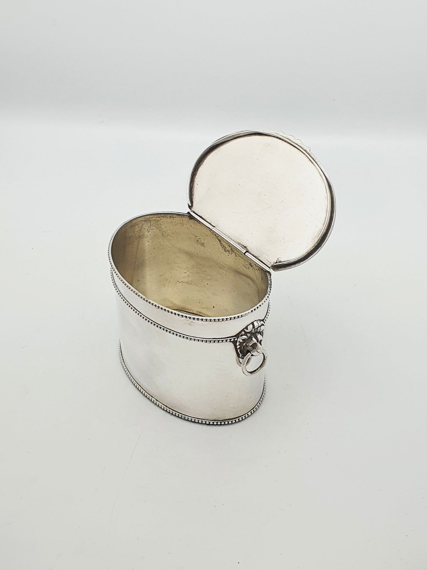 Antique Edwardian Tea Caddy With Lion Mask Handles And Spoon – circa 1905