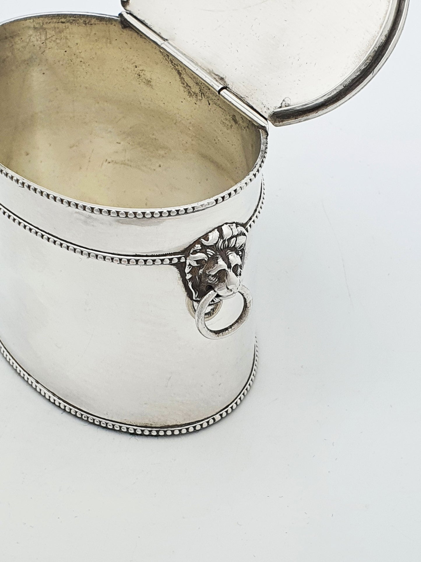Antique Edwardian Tea Caddy With Lion Mask Handles And Spoon – circa 1905