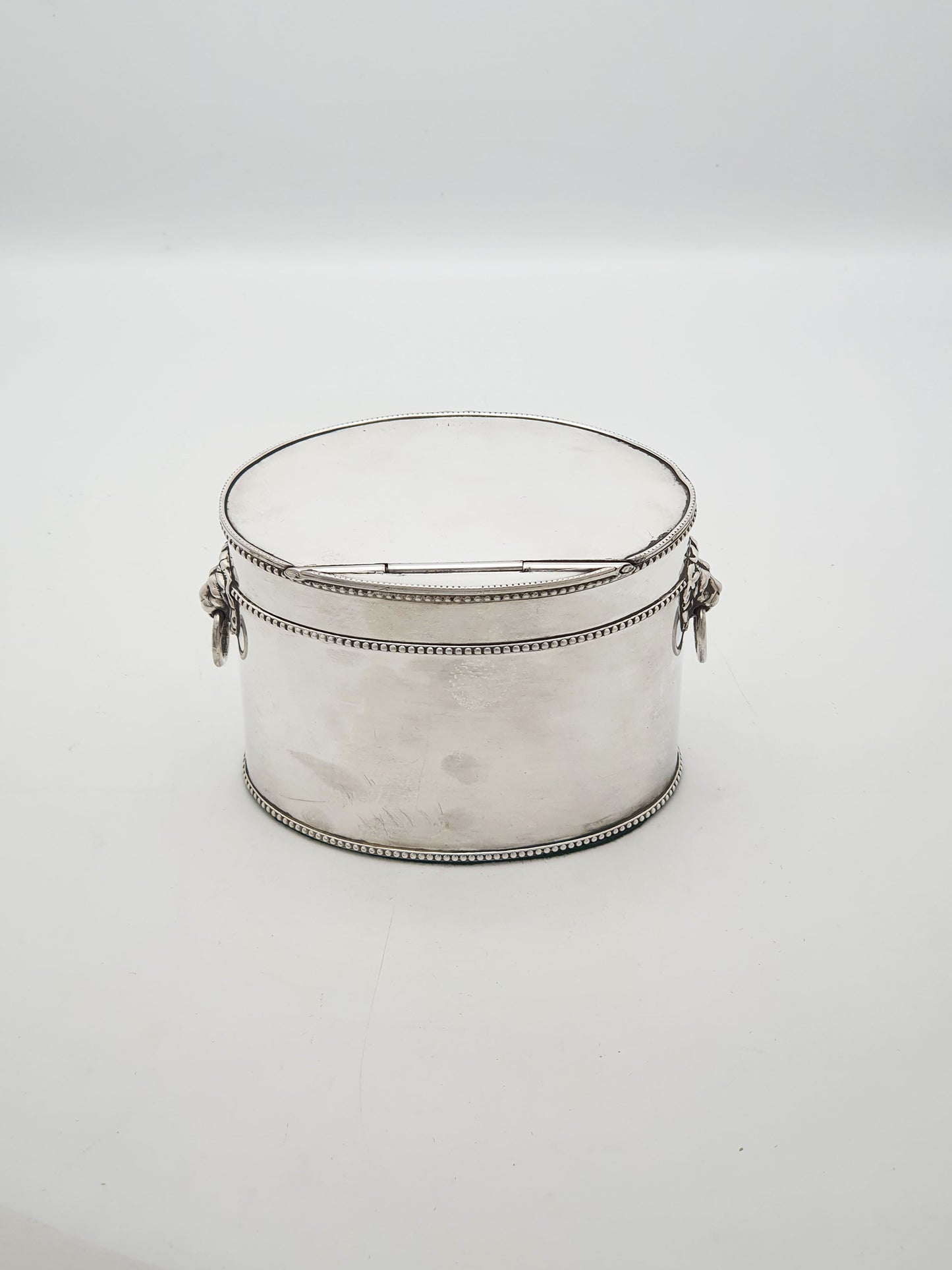 Antique Edwardian Tea Caddy With Lion Mask Handles And Spoon – circa 1905