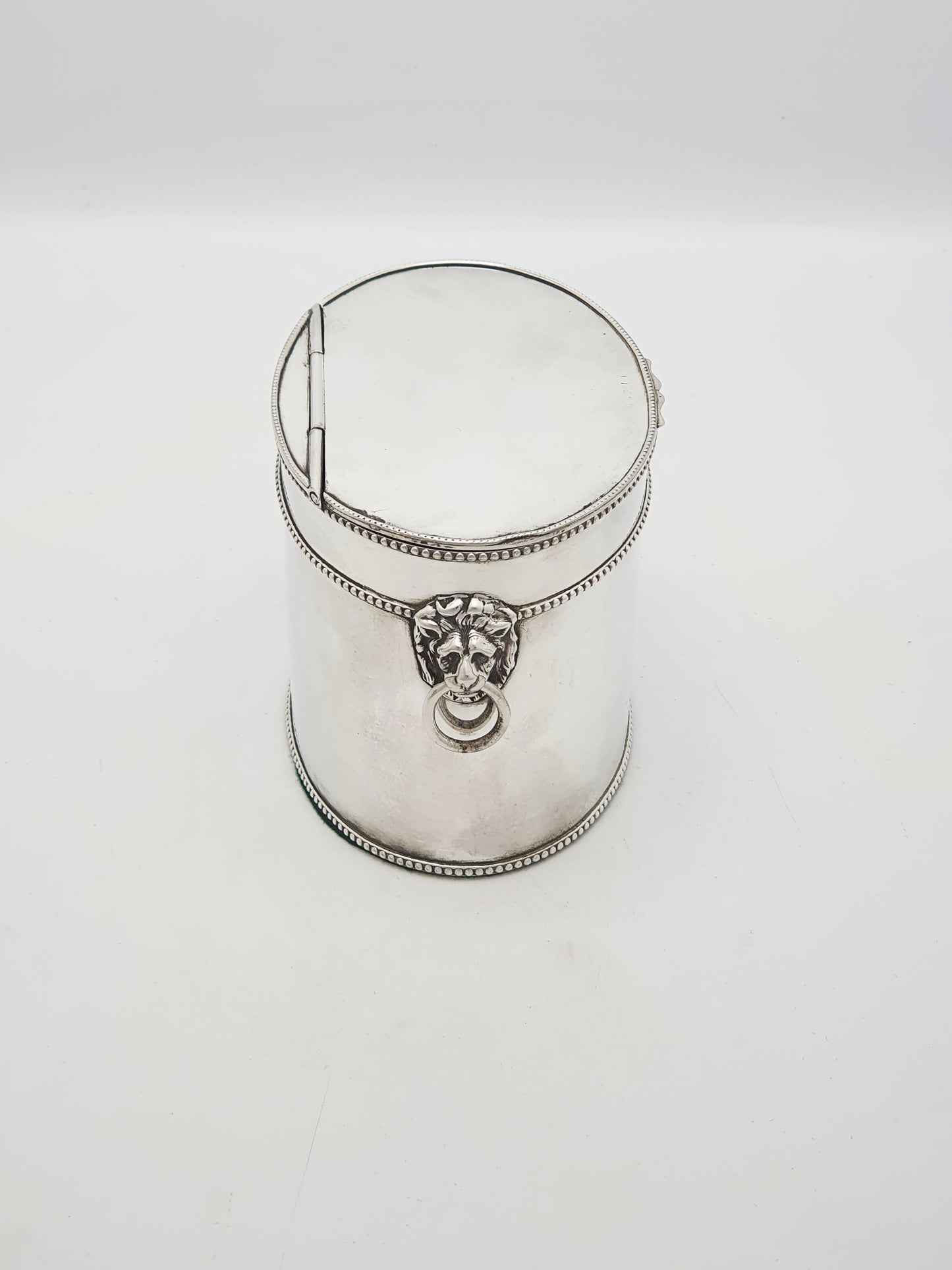 Antique Edwardian Tea Caddy With Lion Mask Handles And Spoon – circa 1905