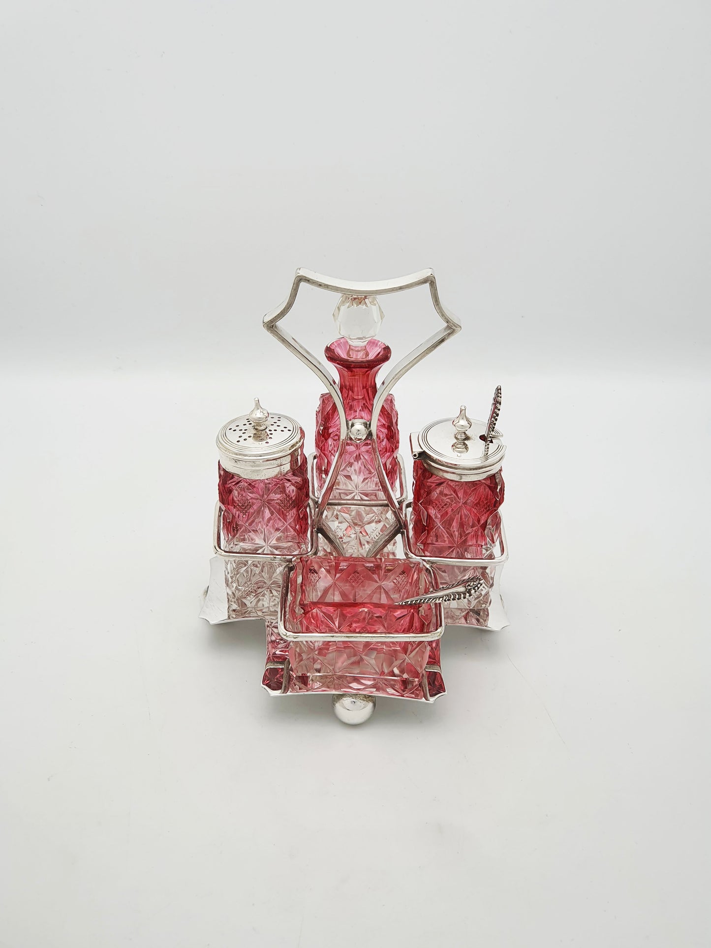Antique Edwardian Cranberry Flashed Cut Glass and Silver Plate Cruet Set – circa 1905