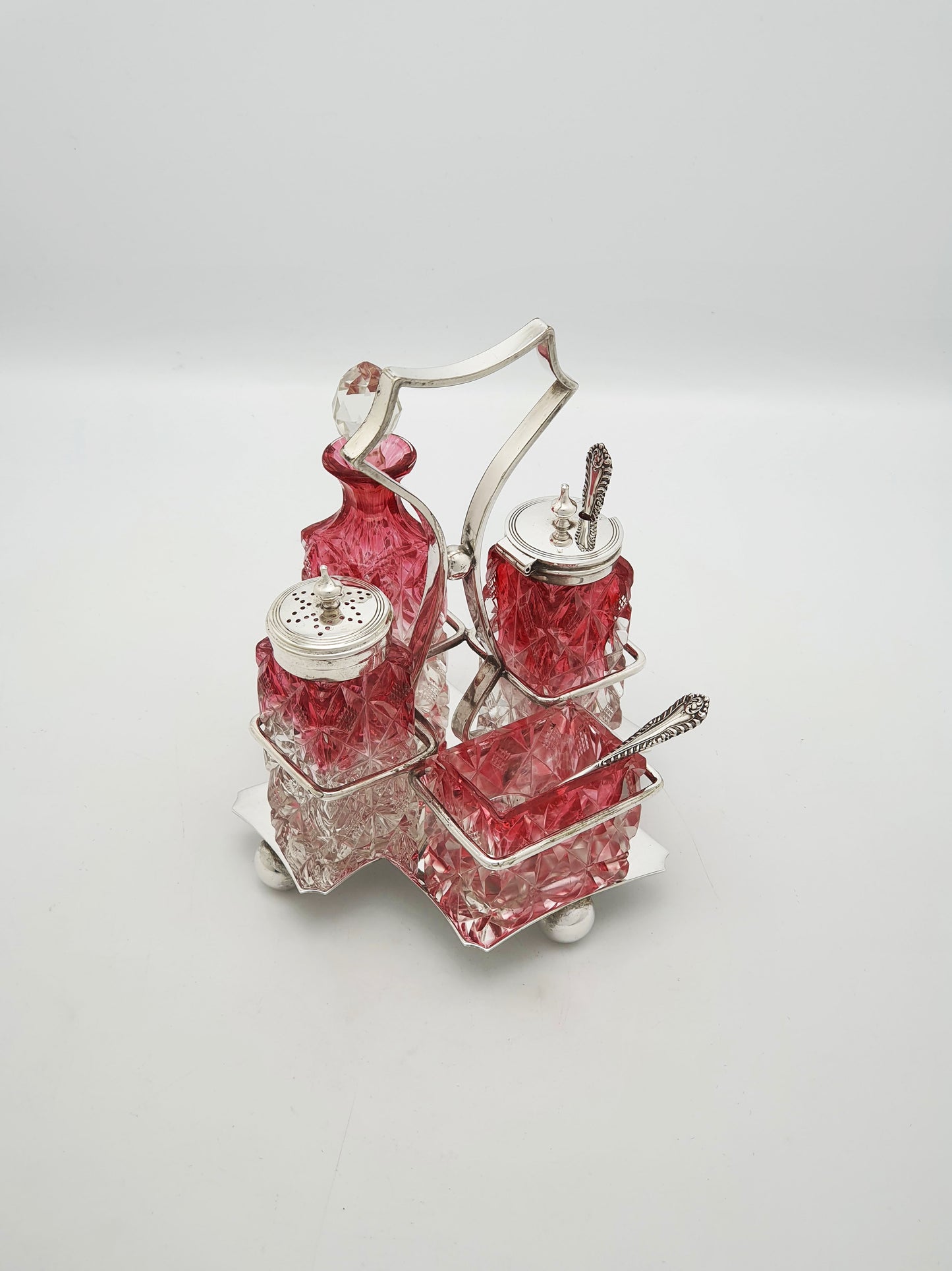 Antique Edwardian Cranberry Flashed Cut Glass and Silver Plate Cruet Set – circa 1905