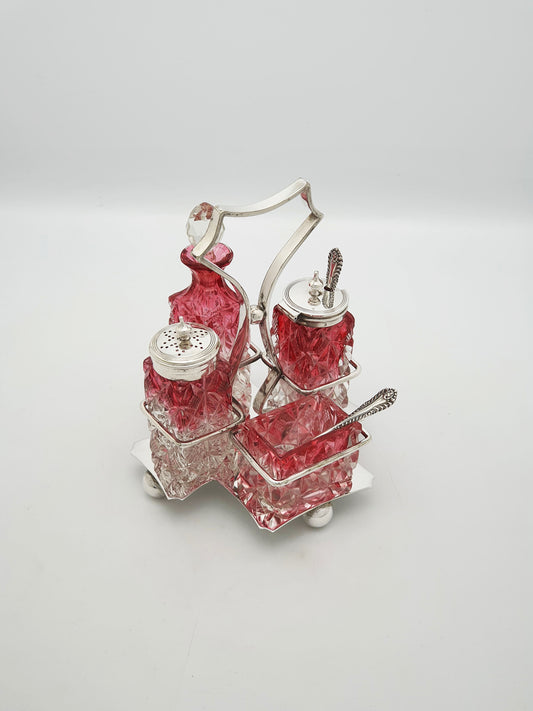 Antique Edwardian Cranberry Flashed Cut Glass and Silver Plate Cruet Set – circa 1905