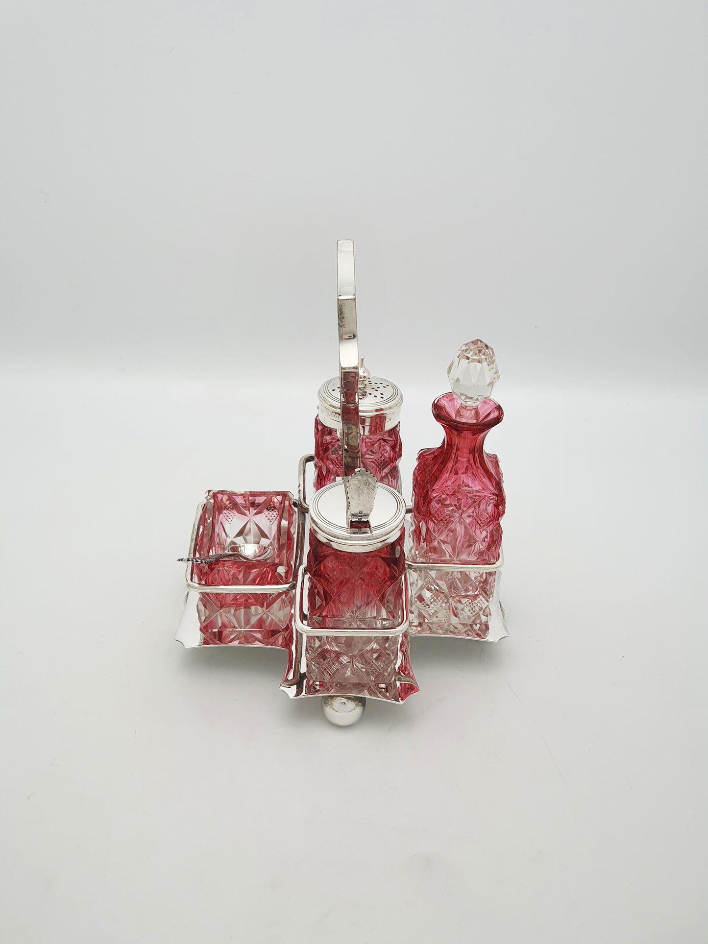 Antique Edwardian Cranberry Flashed Cut Glass and Silver Plate Cruet Set – circa 1905