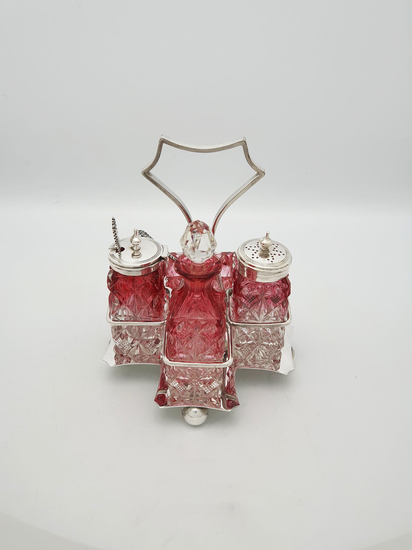 Antique Edwardian Cranberry Flashed Cut Glass and Silver Plate Cruet Set – circa 1905