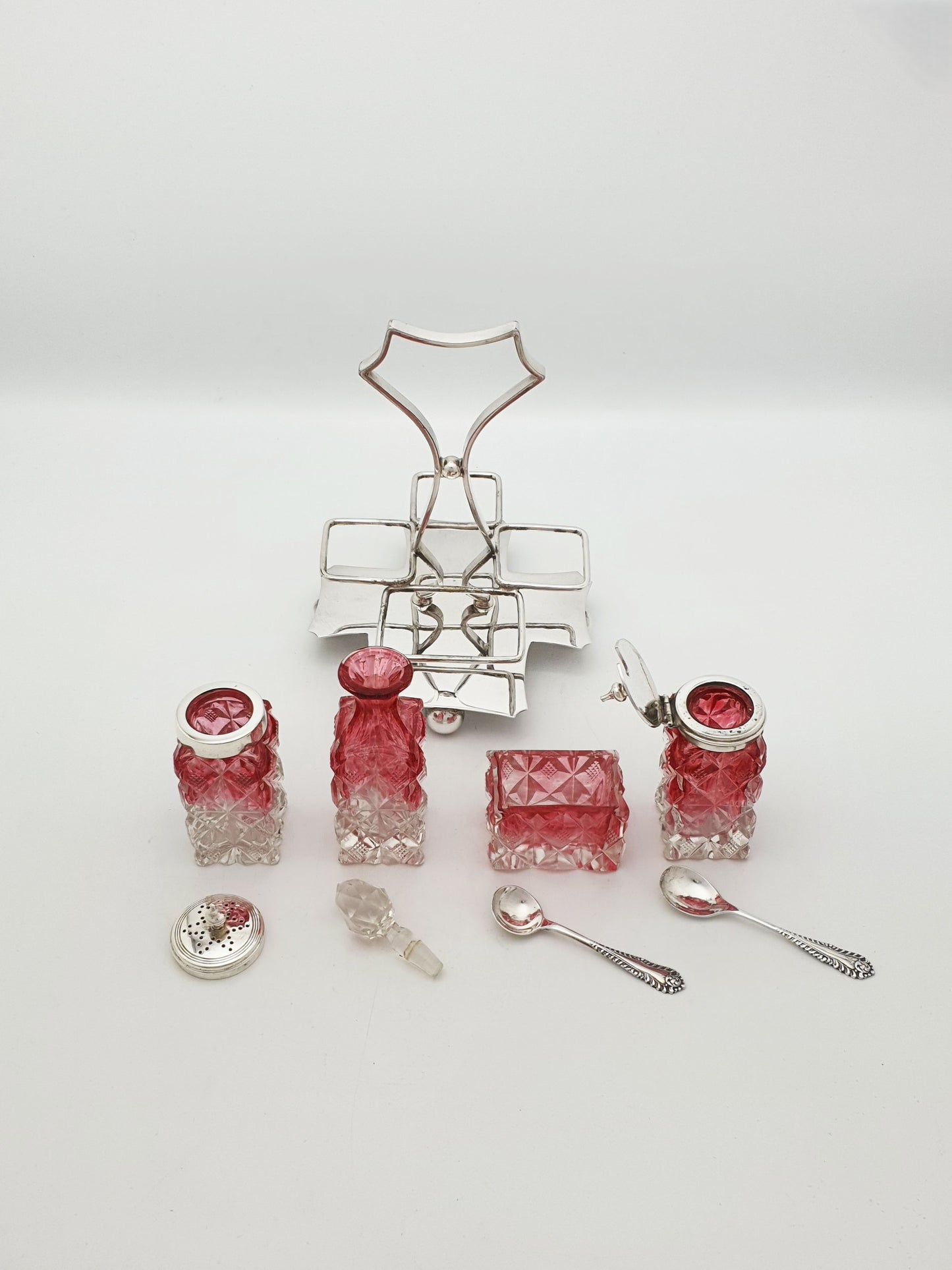 Antique Edwardian Cranberry Flashed Cut Glass and Silver Plate Cruet Set – circa 1905