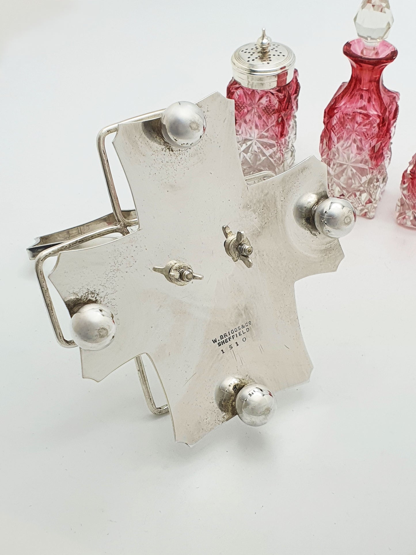 Antique Edwardian Cranberry Flashed Cut Glass and Silver Plate Cruet Set – circa 1905