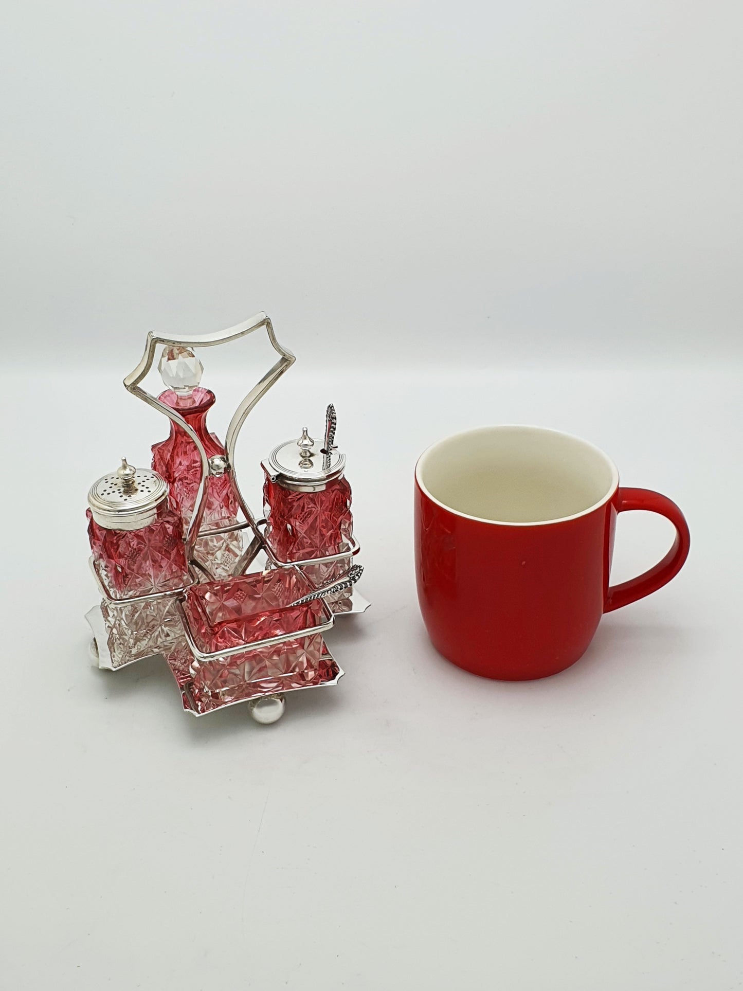 Antique Edwardian Cranberry Flashed Cut Glass and Silver Plate Cruet Set – circa 1905