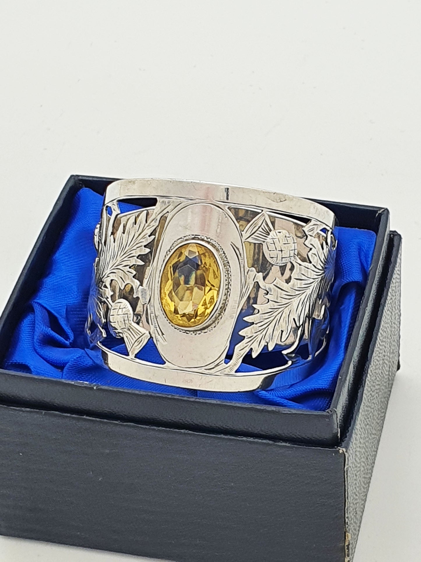 Lovely Antique Sterling Silver Thistle Serviette Ring With Citrine Stone - 1921