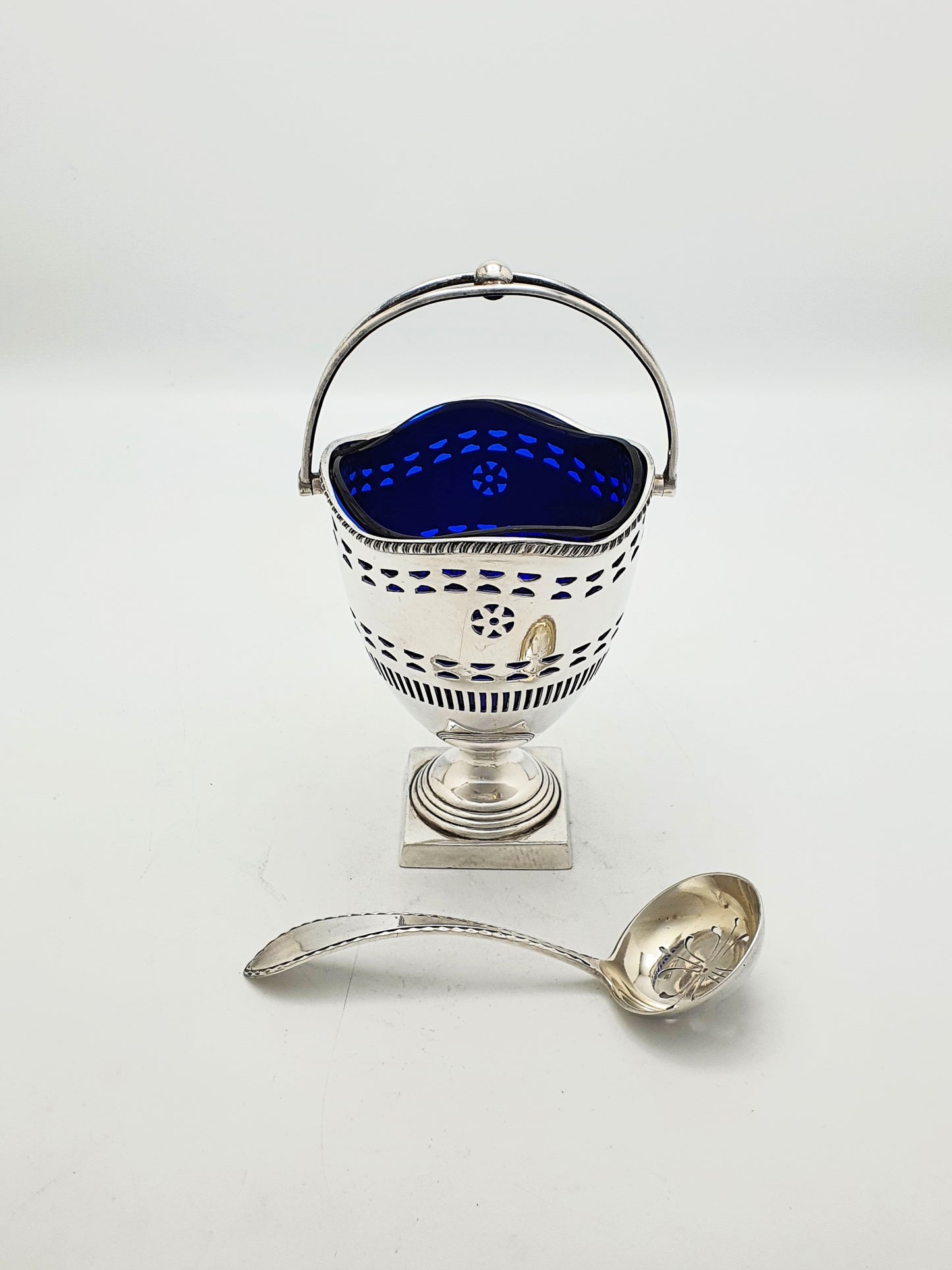 Antique Silver Plate Pierced Sugar Bowl With Cobalt Glass Liner & Sifter – circa 1905